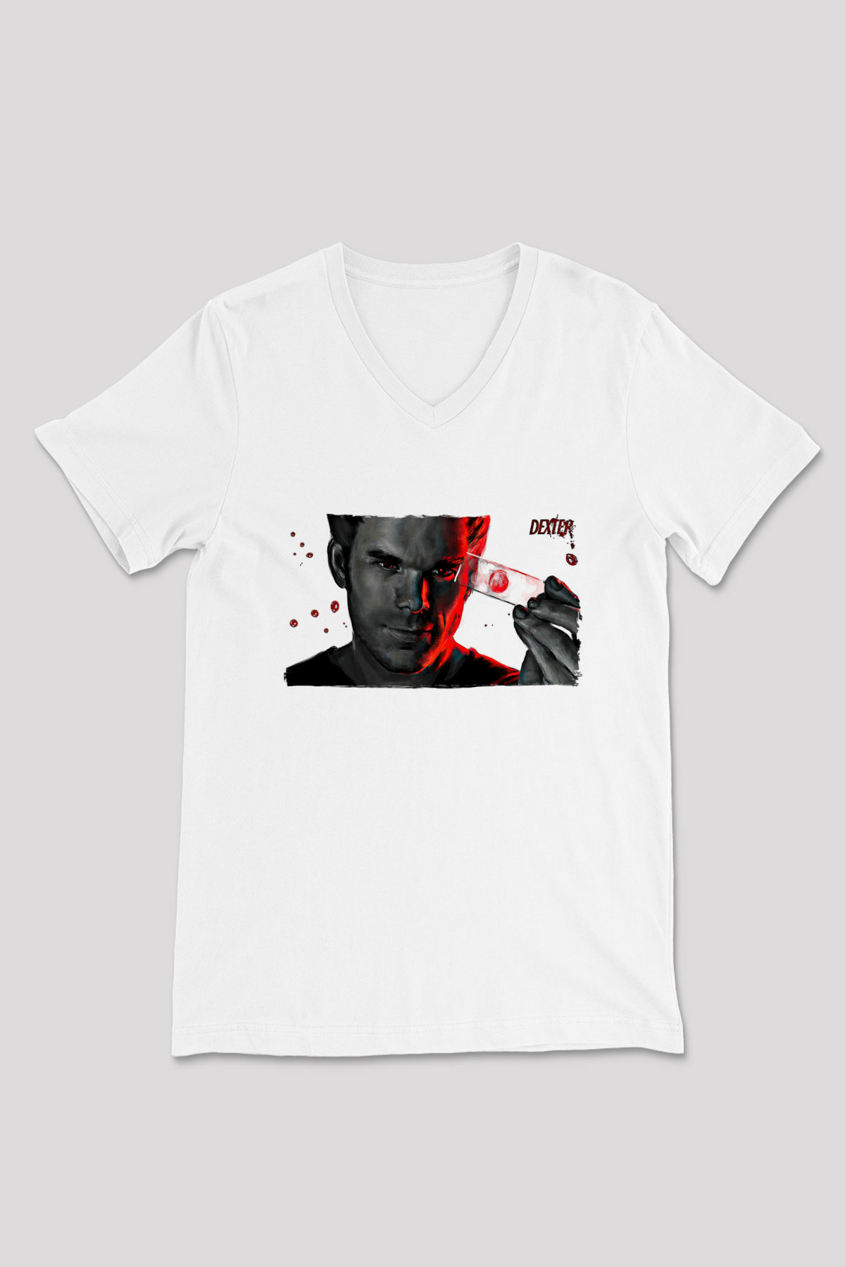 Dexter Baskılı Beyaz Unisex V Yaka Tişört - Tshirt
