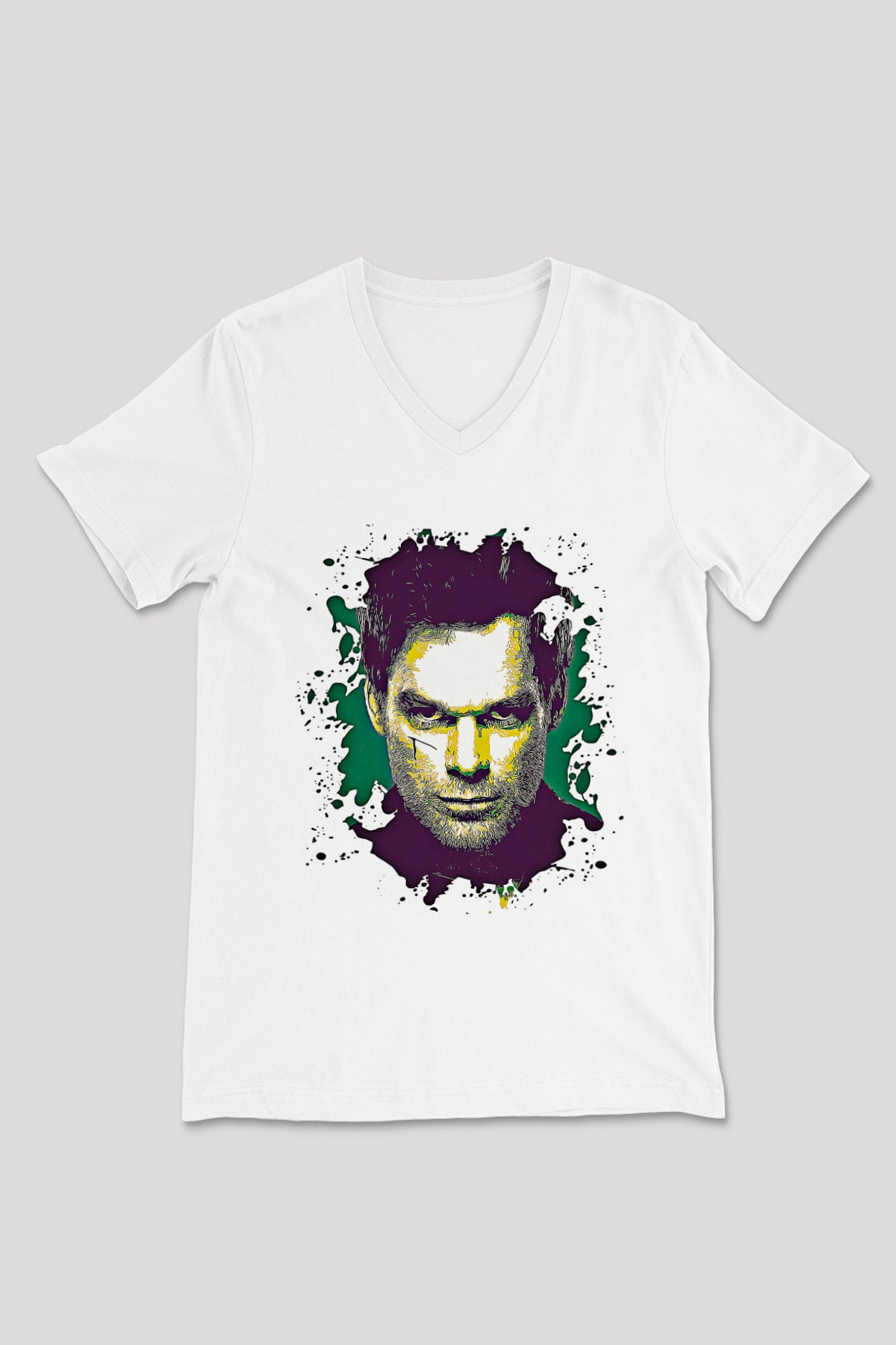 Dexter Baskılı Beyaz Unisex V Yaka Tişört - Tshirt