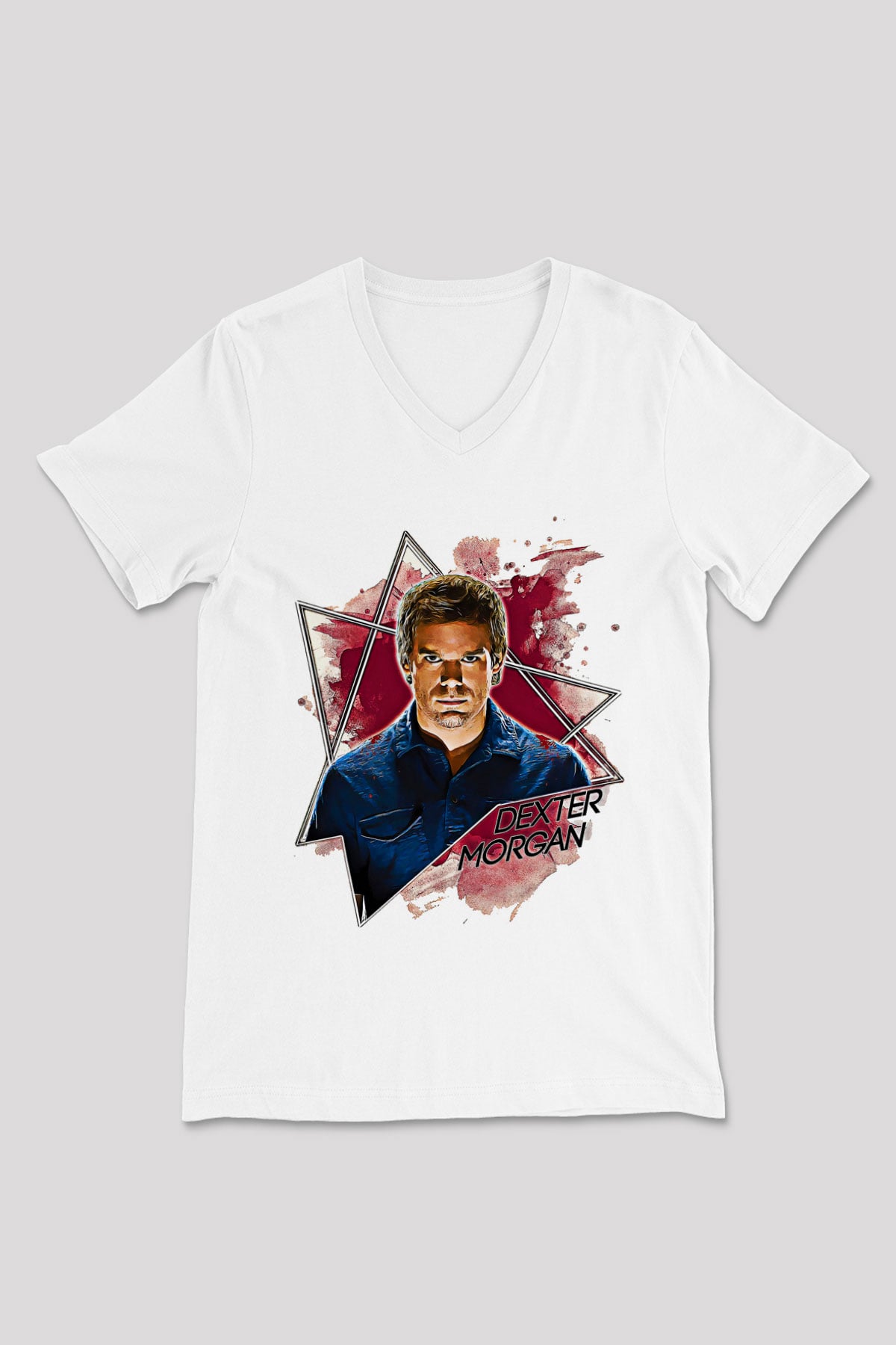 Dexter Baskılı Beyaz Unisex V Yaka Tişört - Tshirt
