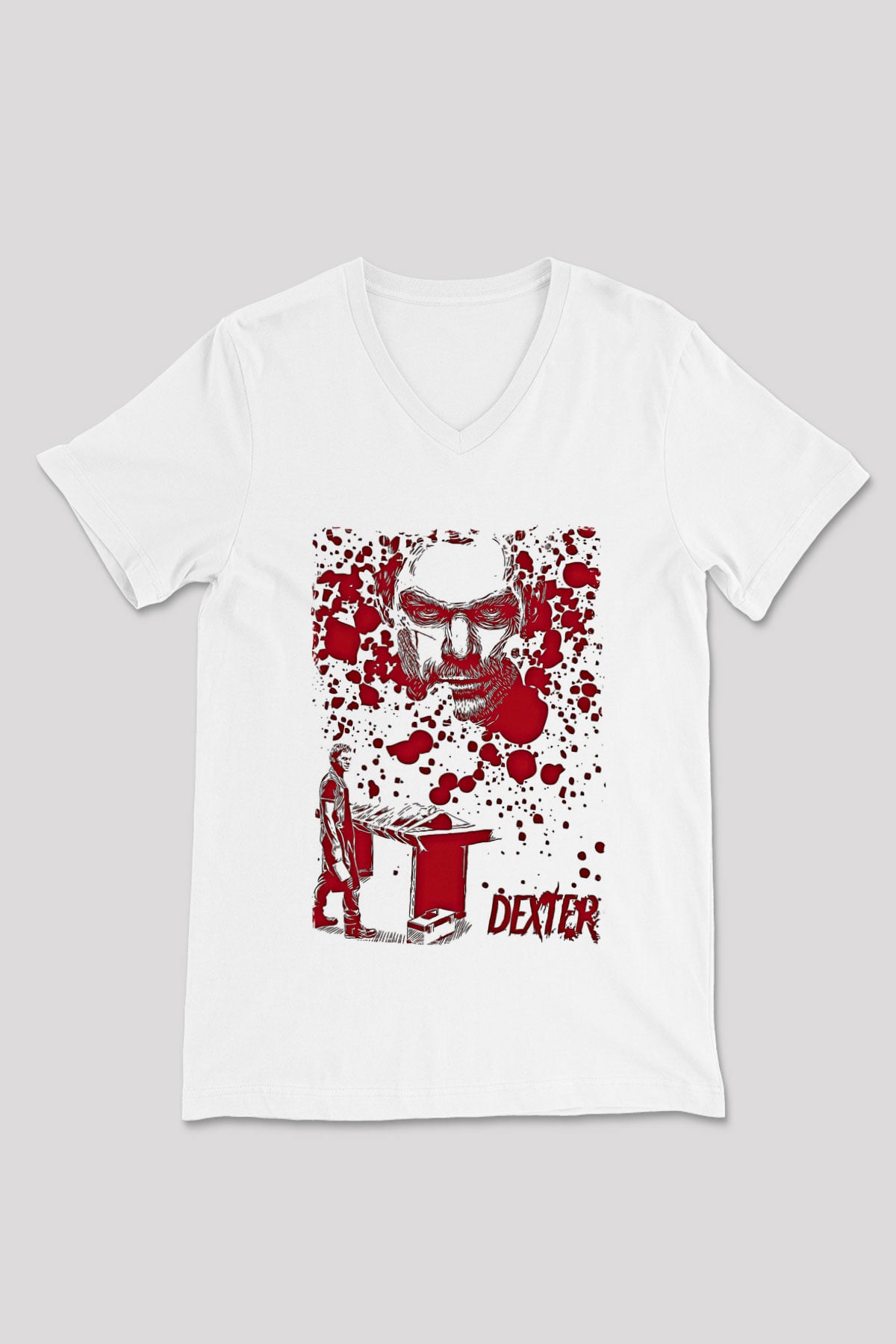 Dexter Baskılı Beyaz Unisex V Yaka Tişört - Tshirt