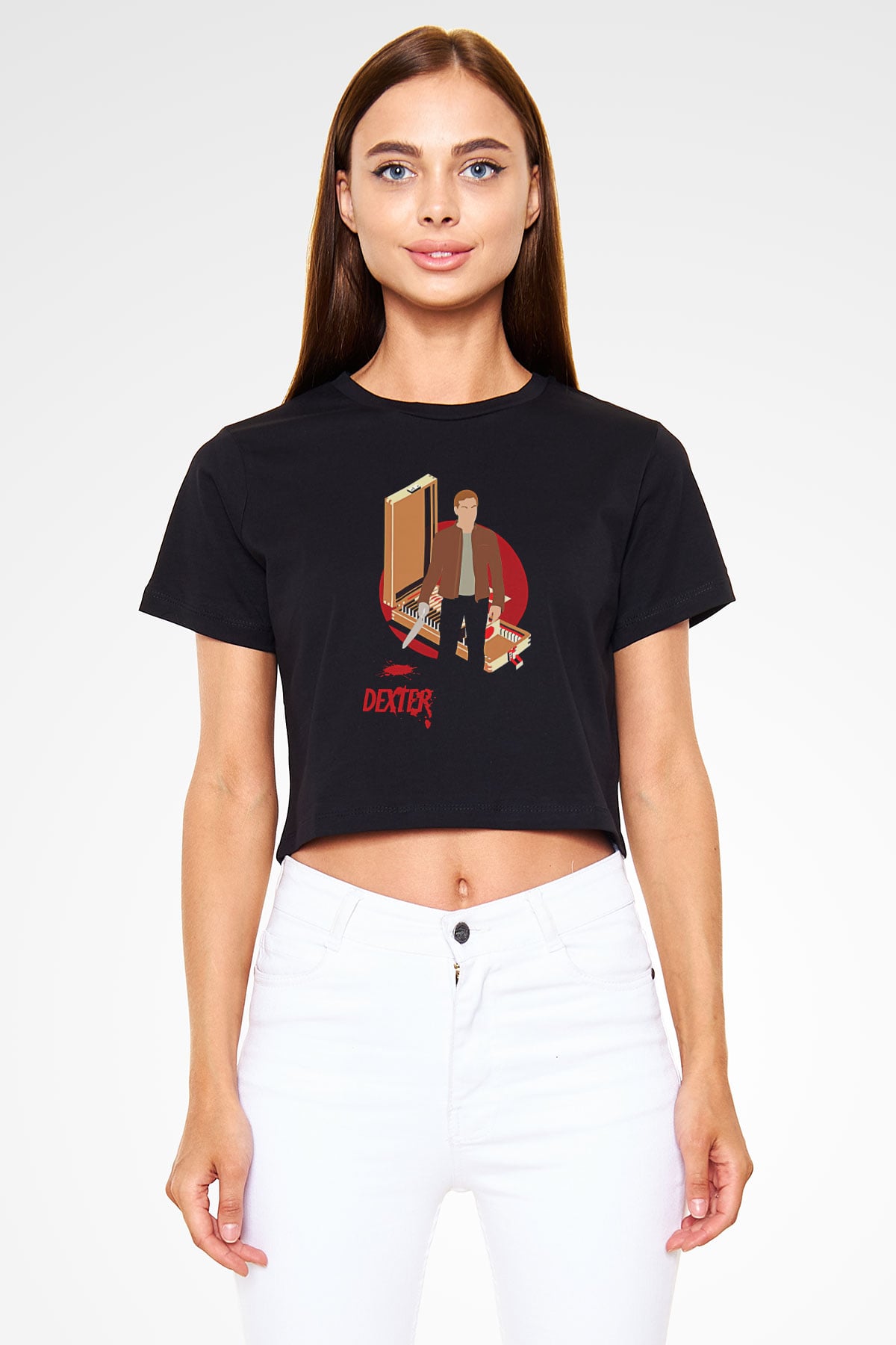 Dexter Baskılı Siyah Crop Top Kadın Tişört - Tshirt