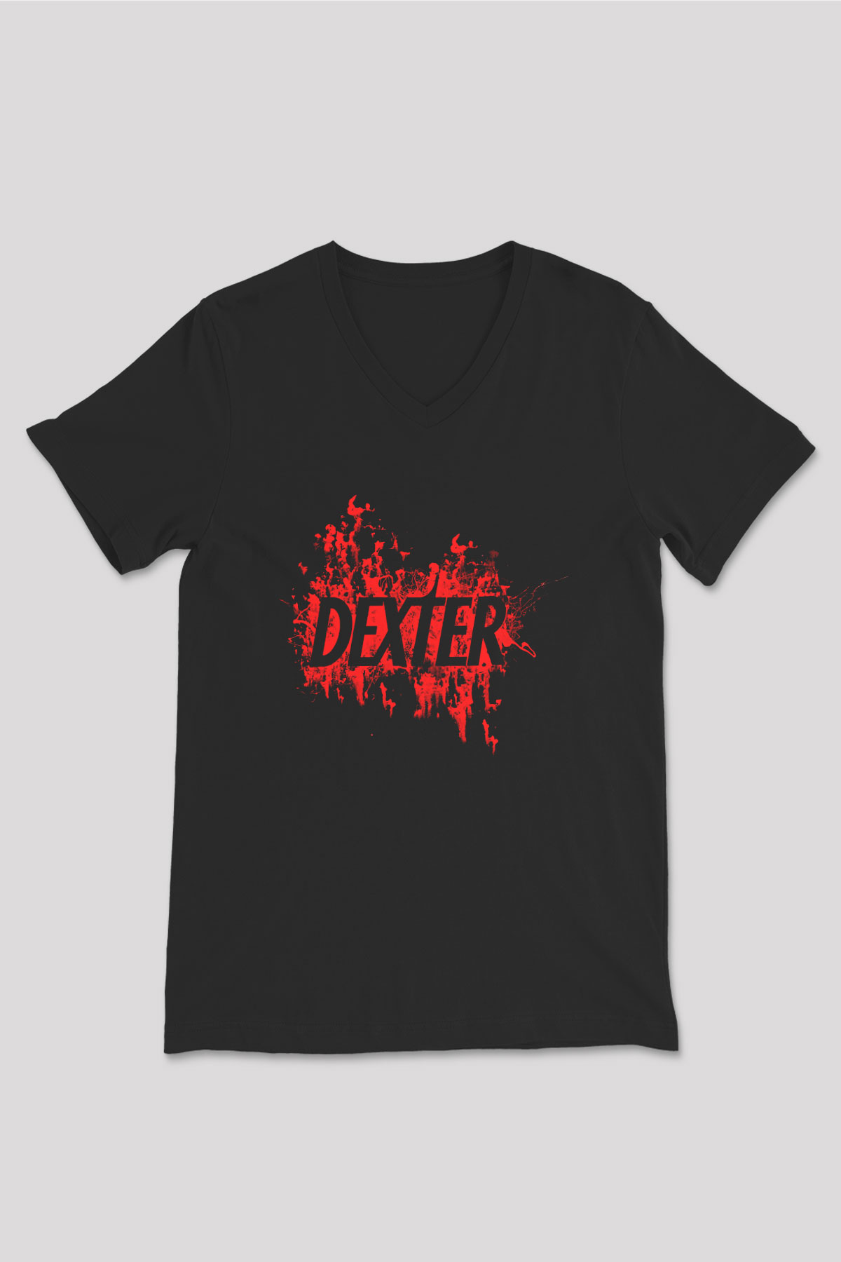 Dexter Baskılı Unisex Siyah V Yaka Tişört - Tshirt