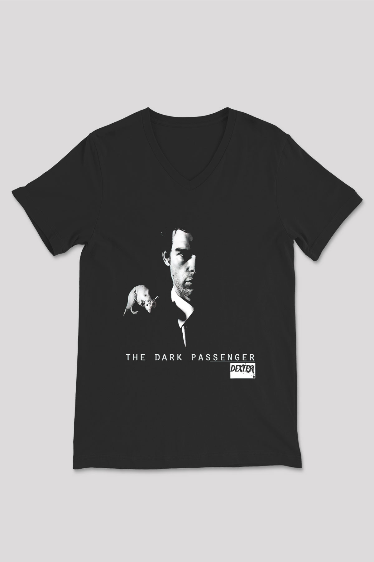 Dexter Baskılı Unisex Siyah V Yaka Tişört - Tshirt