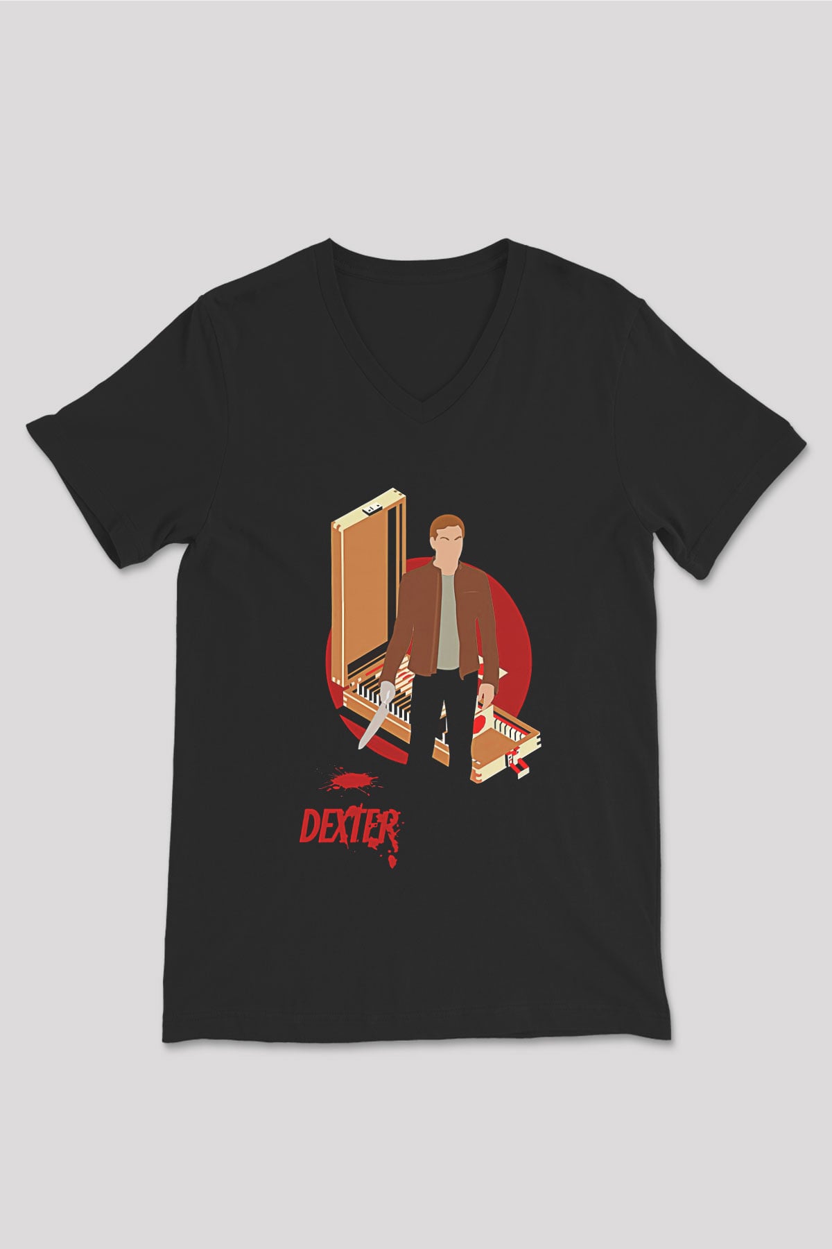 Dexter Baskılı Unisex Siyah V Yaka Tişört - Tshirt