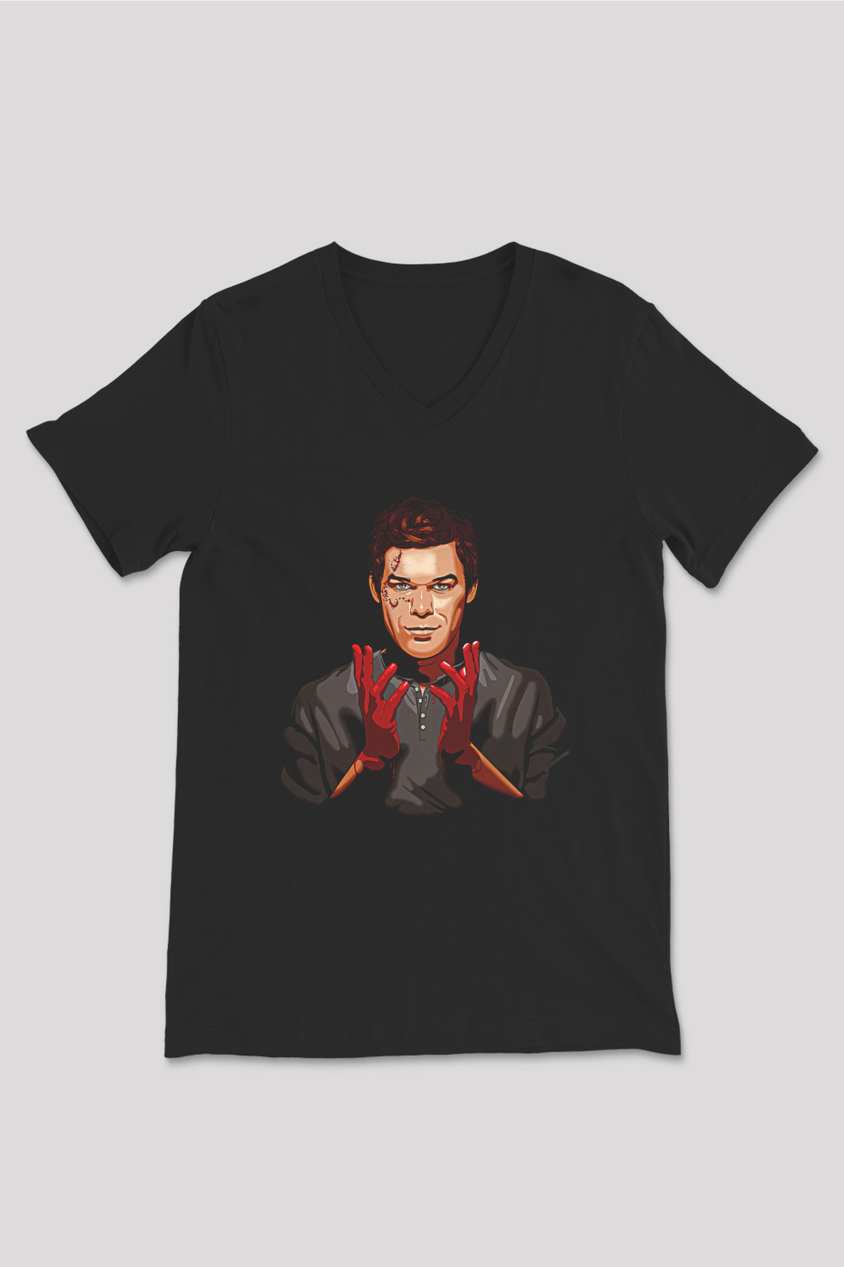 Dexter Baskılı Unisex Siyah V Yaka Tişört - Tshirt