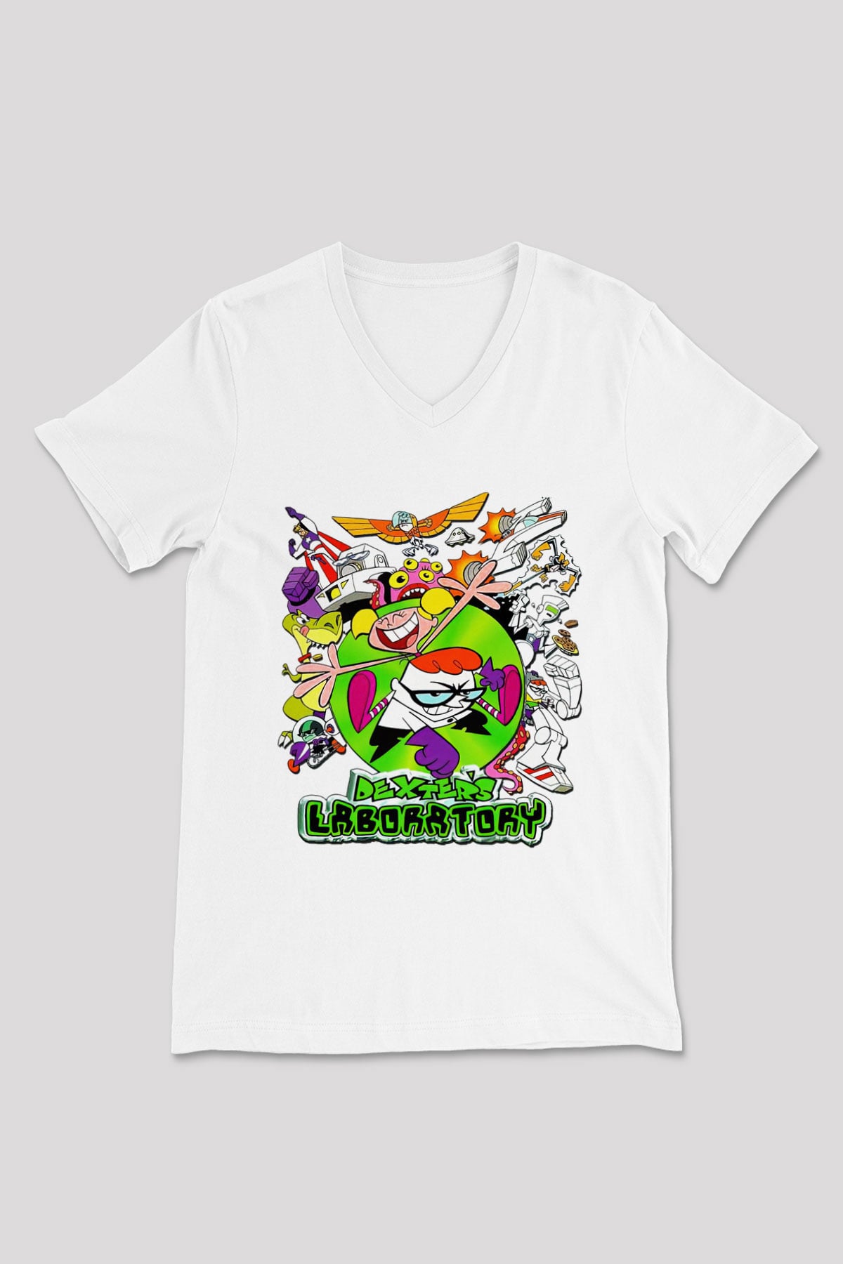 Dexter's Laboratory Beyaz Unisex V Yaka Tişört T-Shirt