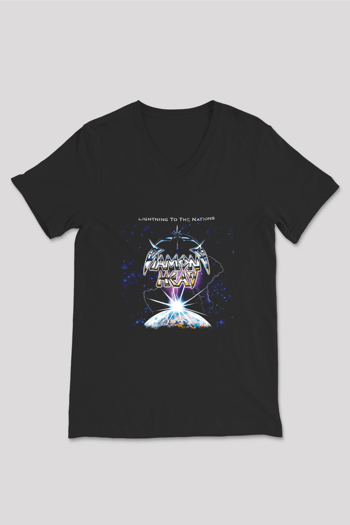 Diamond Head Baskılı Unisex Siyah V Yaka Tişört