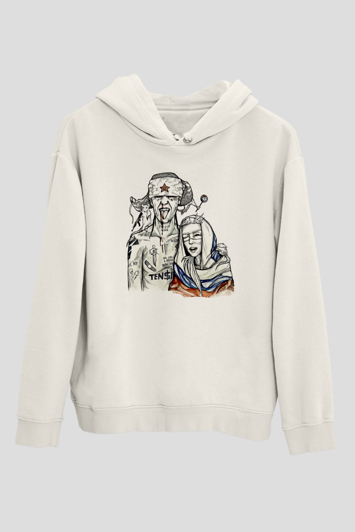 Die Antwoord Baskılı Beyaz Unisex Kapüşonlu Sweatshirt