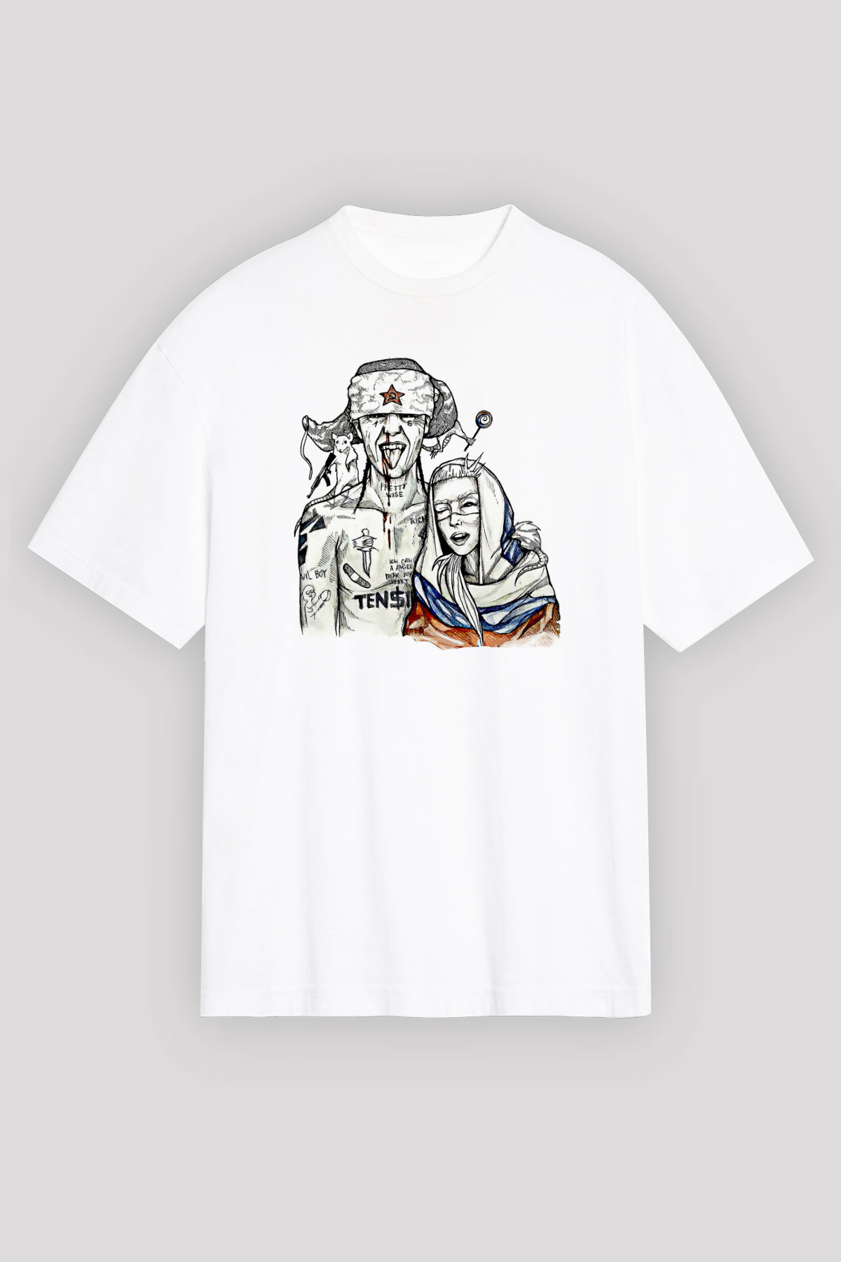 Die Antwoord Baskılı Beyaz Unisex Oversize Tişört - Tshirt