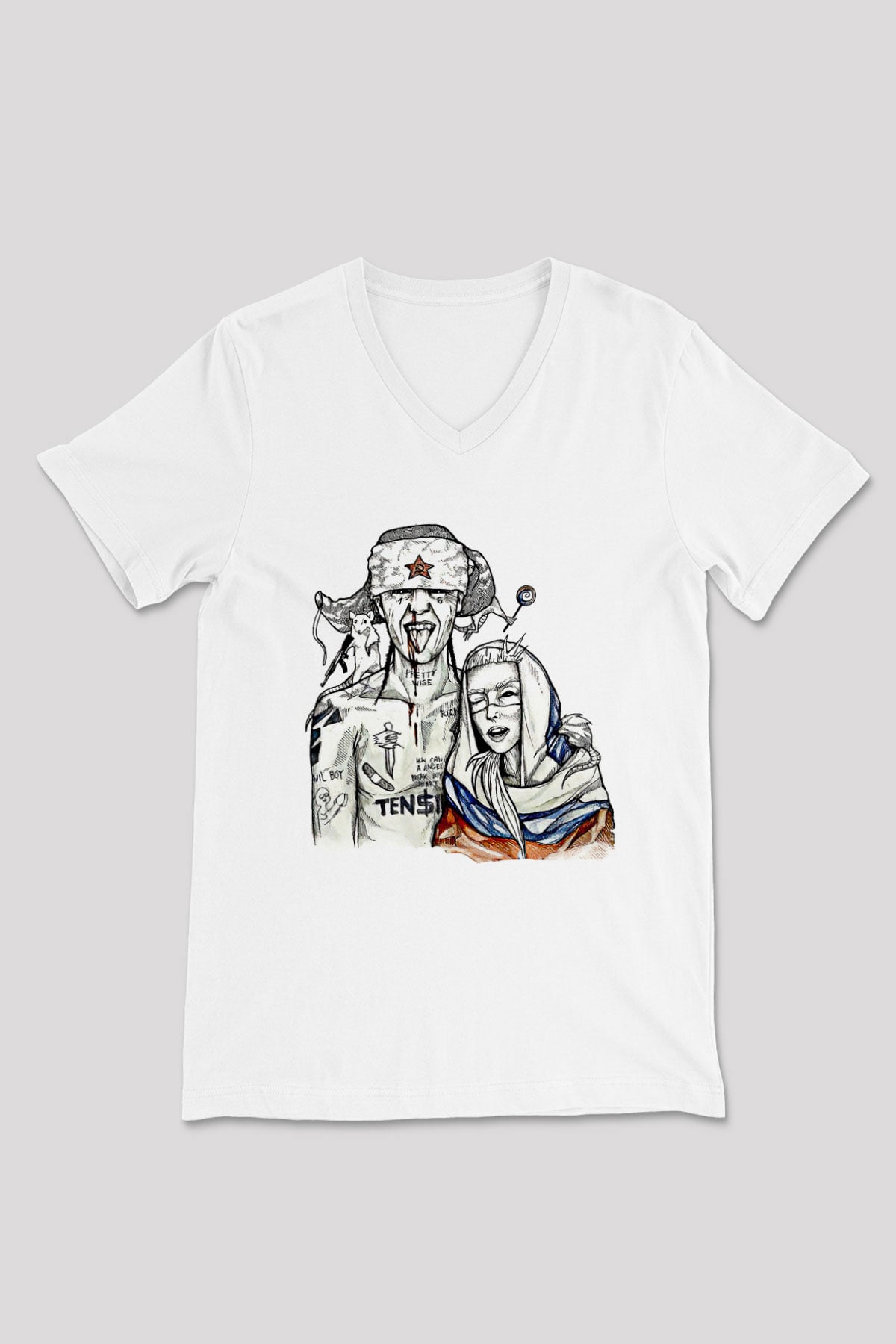 Die Antwoord Baskılı Beyaz Unisex V Yaka Tişört - Tshirt