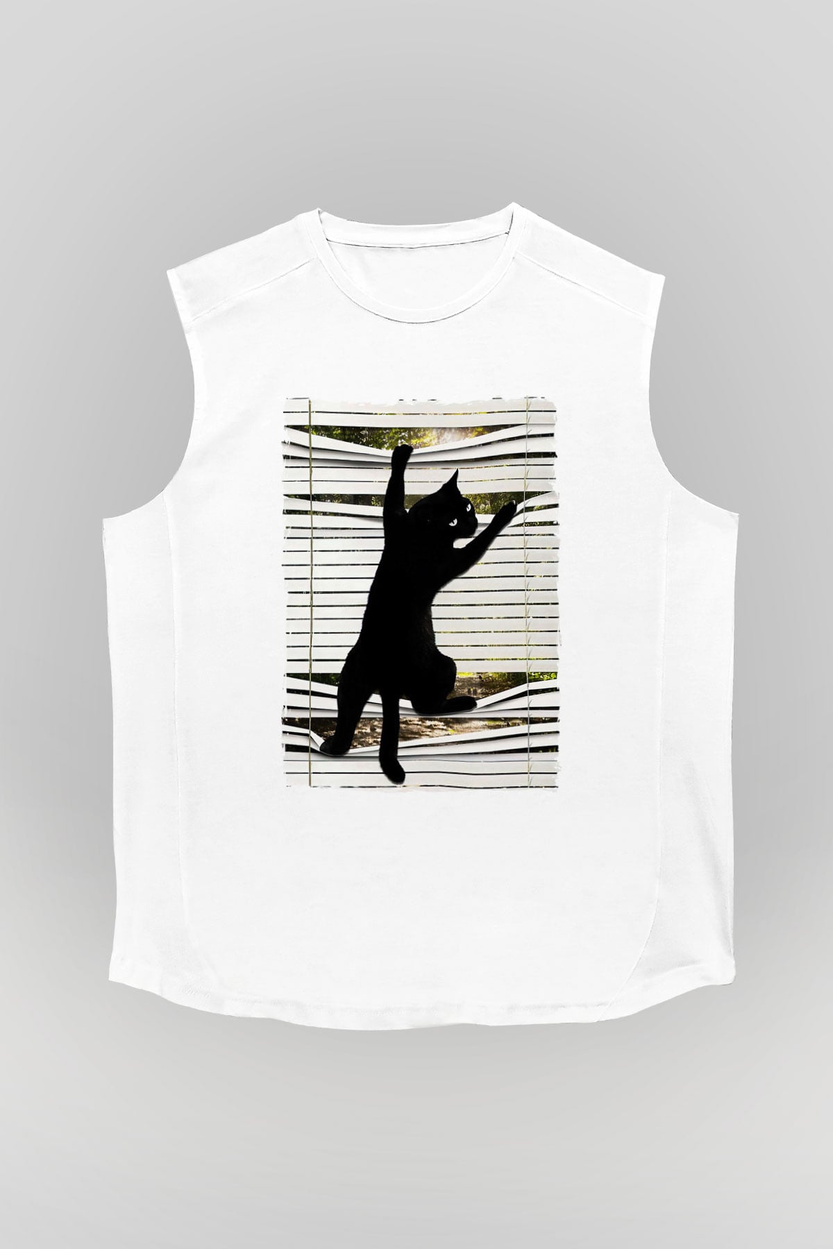 Dikizci Siyah Kedi Baskılı Unisex  Kolsuz Tişört