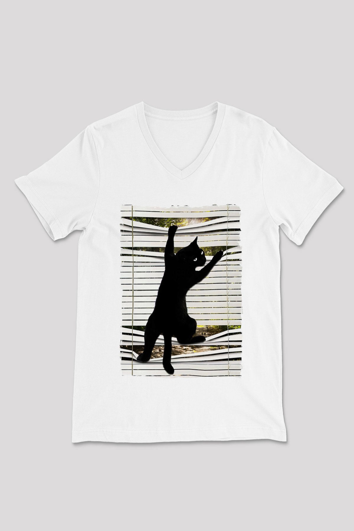 Dikizci Siyah Kedi Baskılı Unisex  V Yaka Tişört