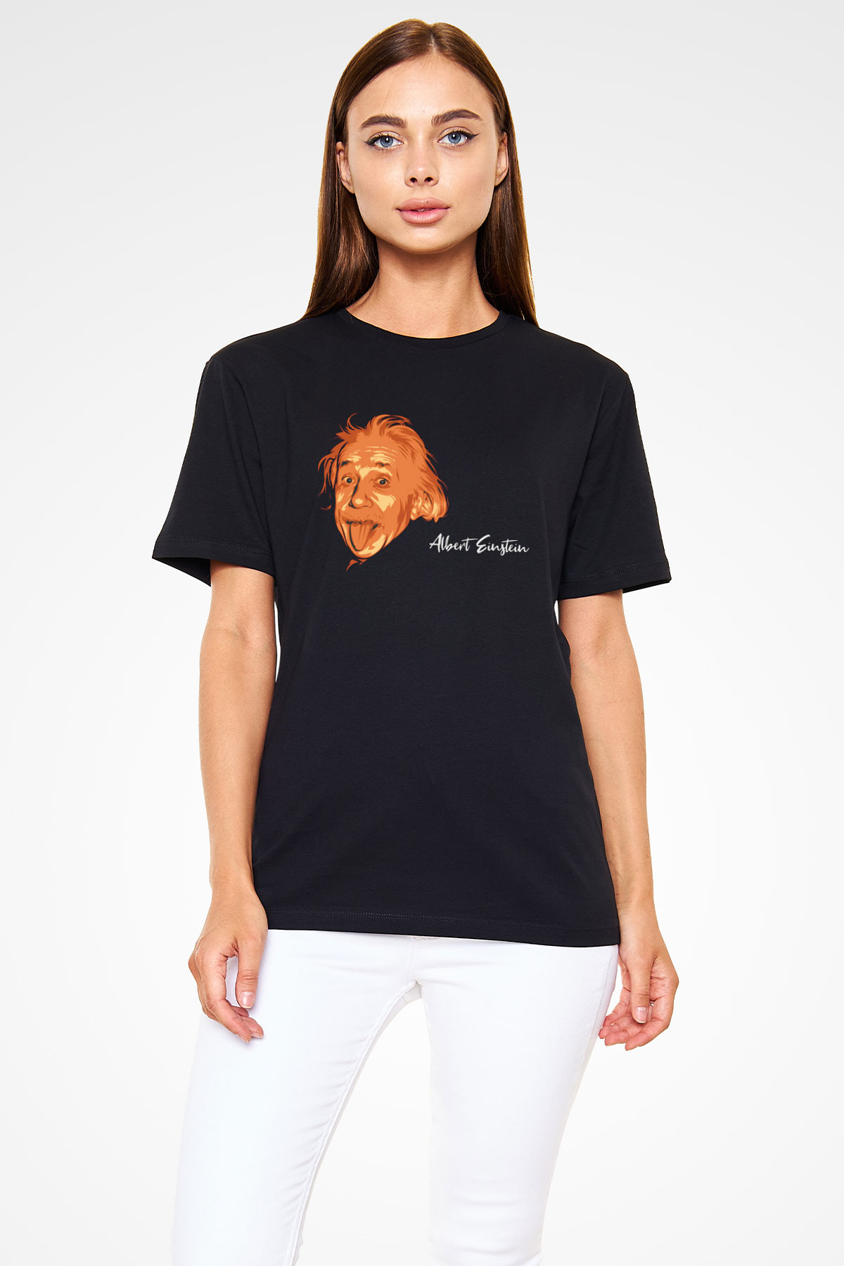 Dil Çıkaran Albert Einstein Baskılı Unisex Siyah Tişört