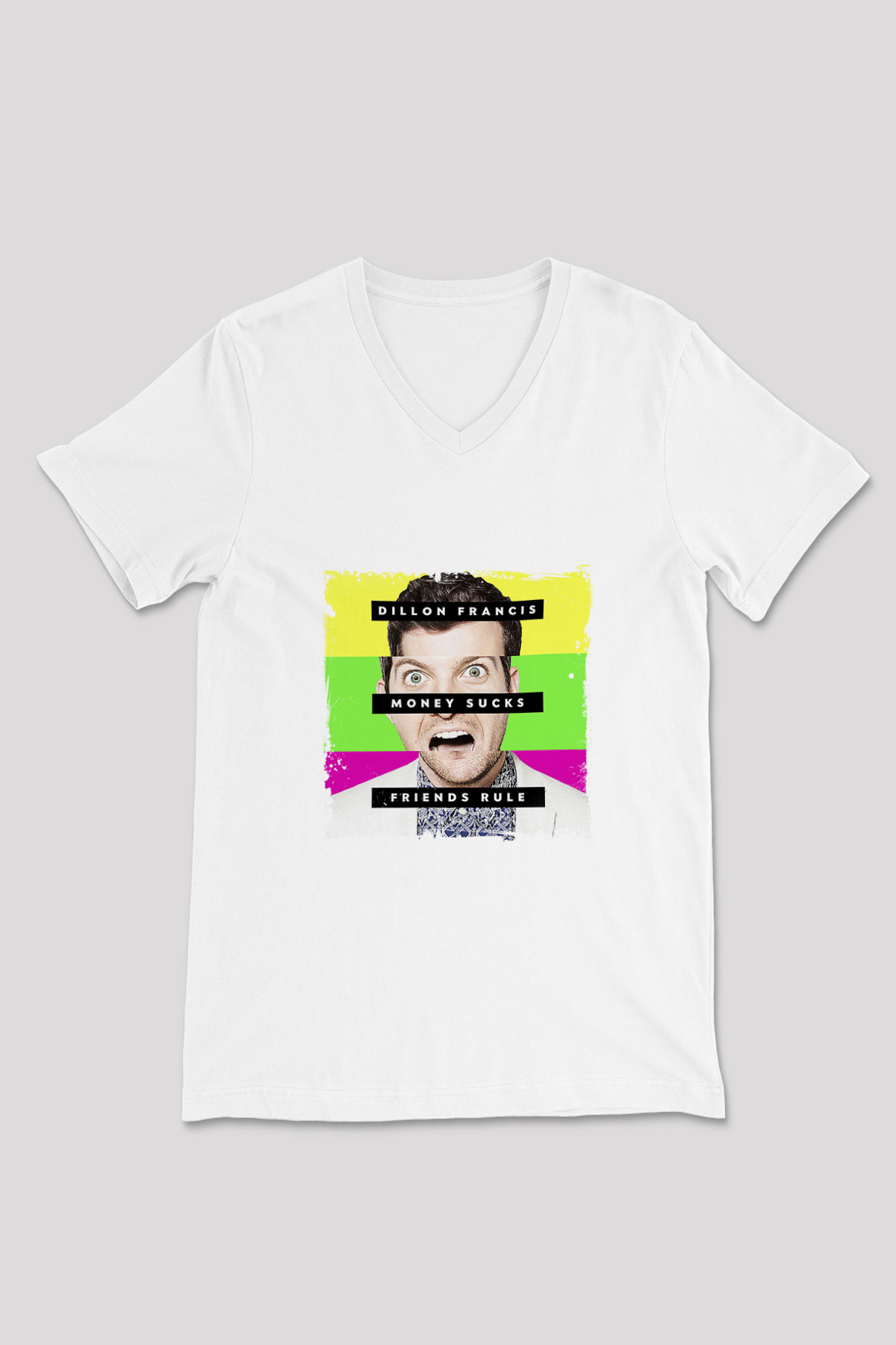 Dillon Francis Baskılı Beyaz V Yaka Unisex Tişört