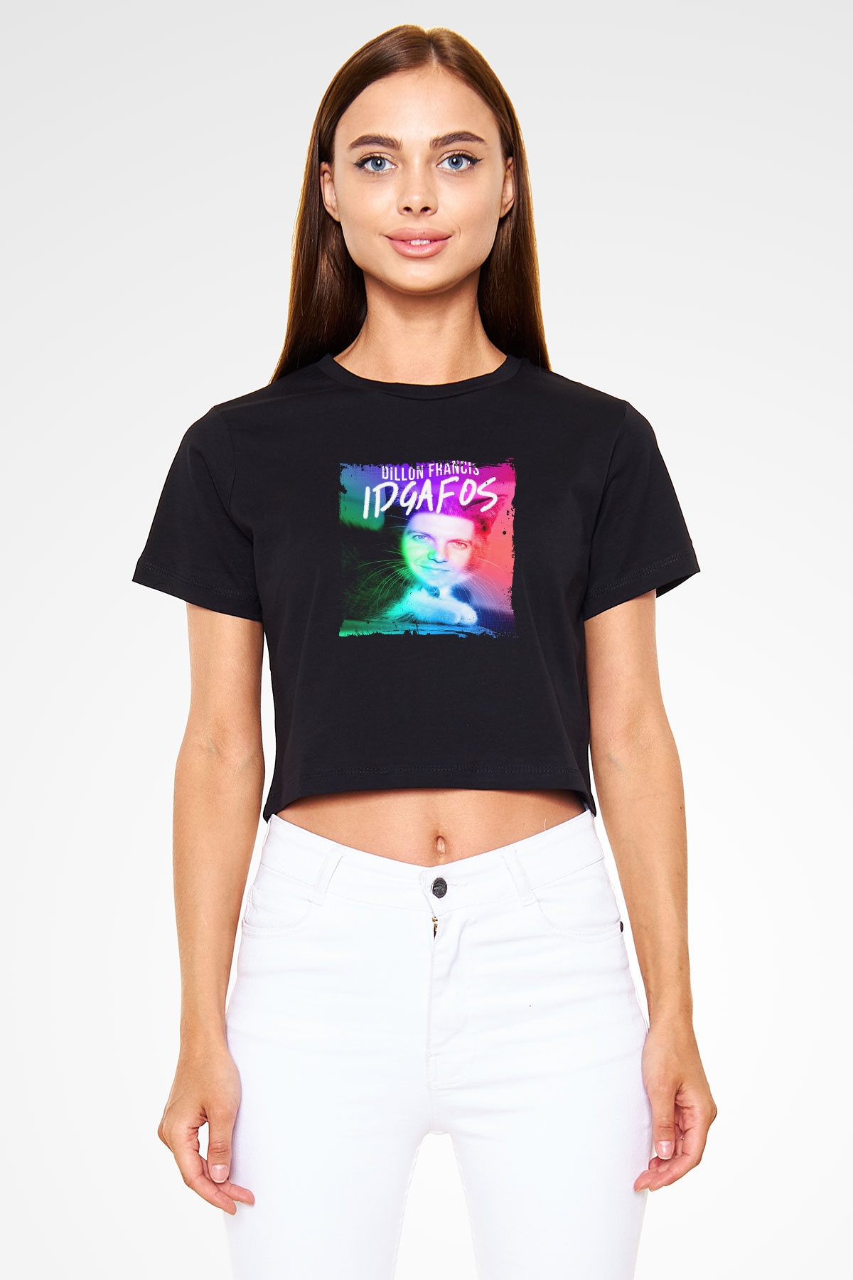 Dillon Francis Baskılı Crop Top Siyah Kadın Tişört