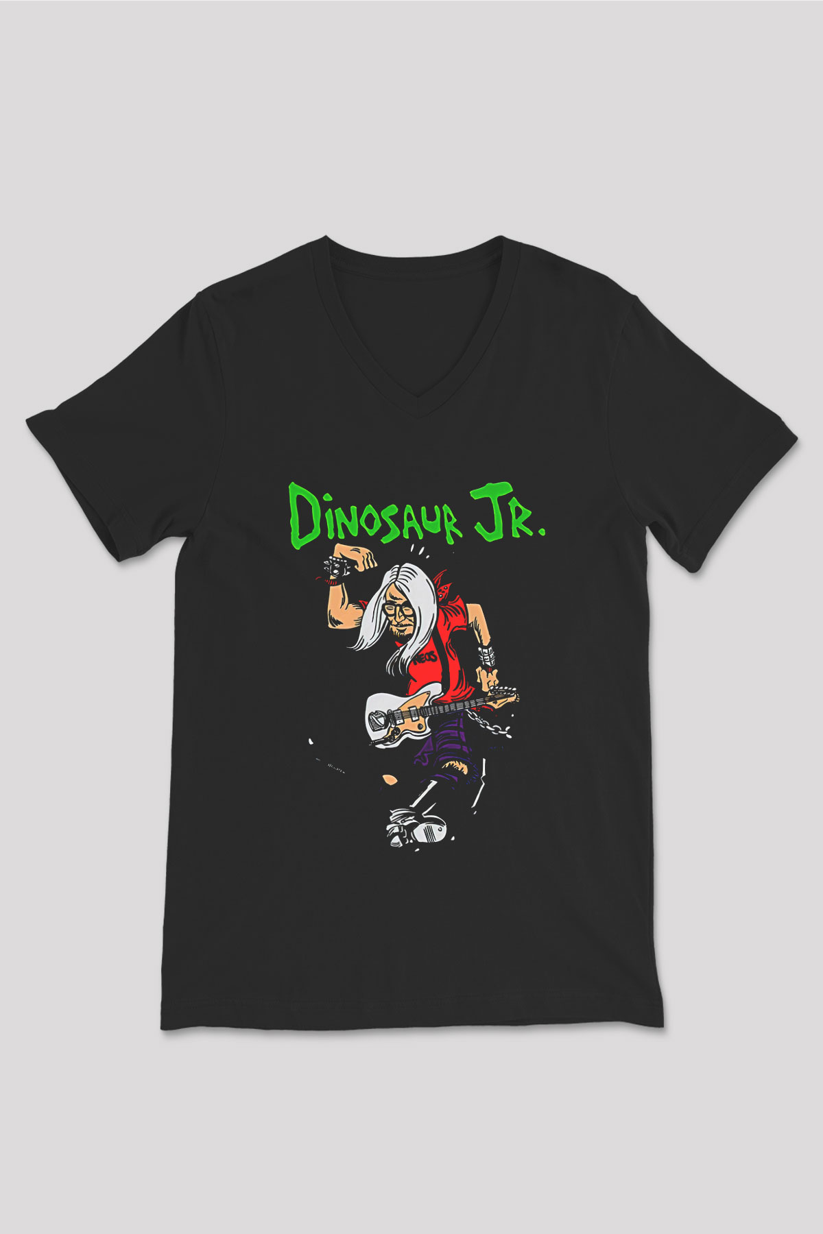 Dinosaur Jr Baskılı Unisex Siyah V Yaka Tişört - Tshirt