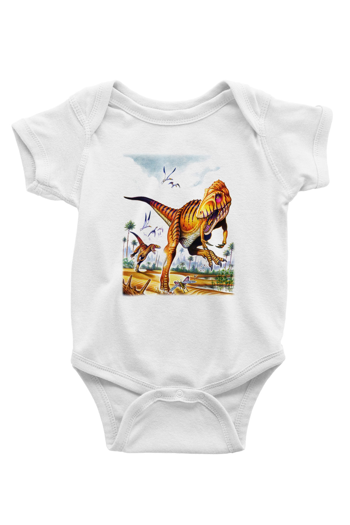 Dinozor Baskılı Beyaz Unisex Bebek Body - Zıbın