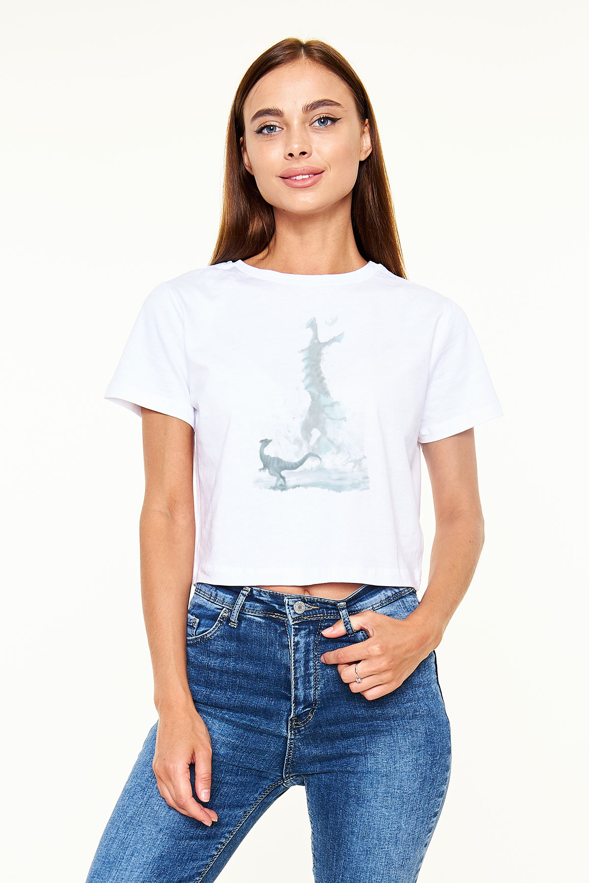 Dinozor Beyaz  Crop Top Tişört