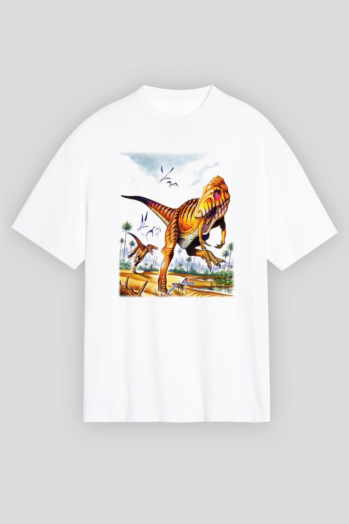 Dinozor Beyaz Unisex Oversize Tişört T-Shirt
