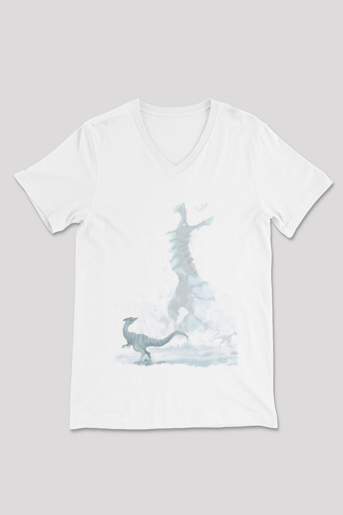 Dinozor Beyaz Unisex V Yaka Tişört