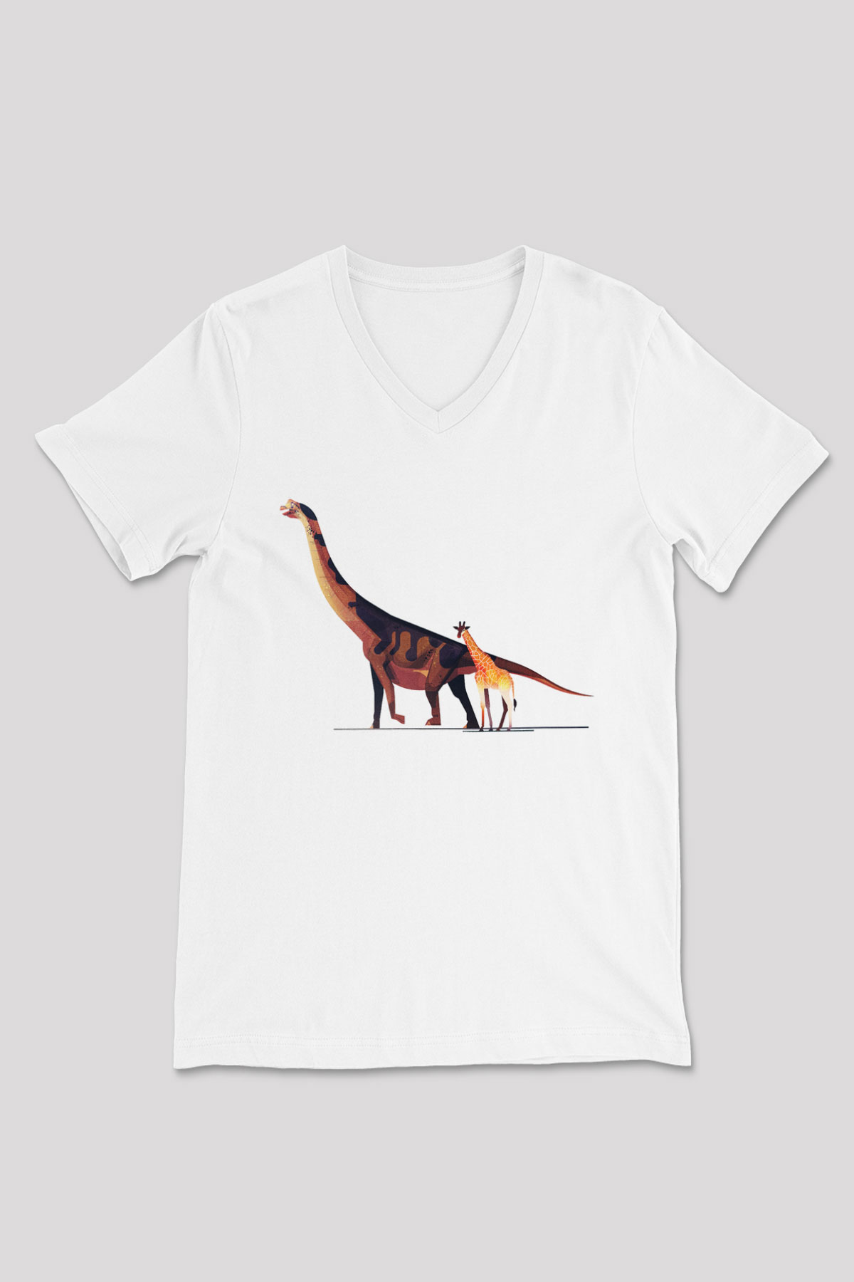 Dinozor Beyaz Unisex V Yaka Tişört T-Shirt