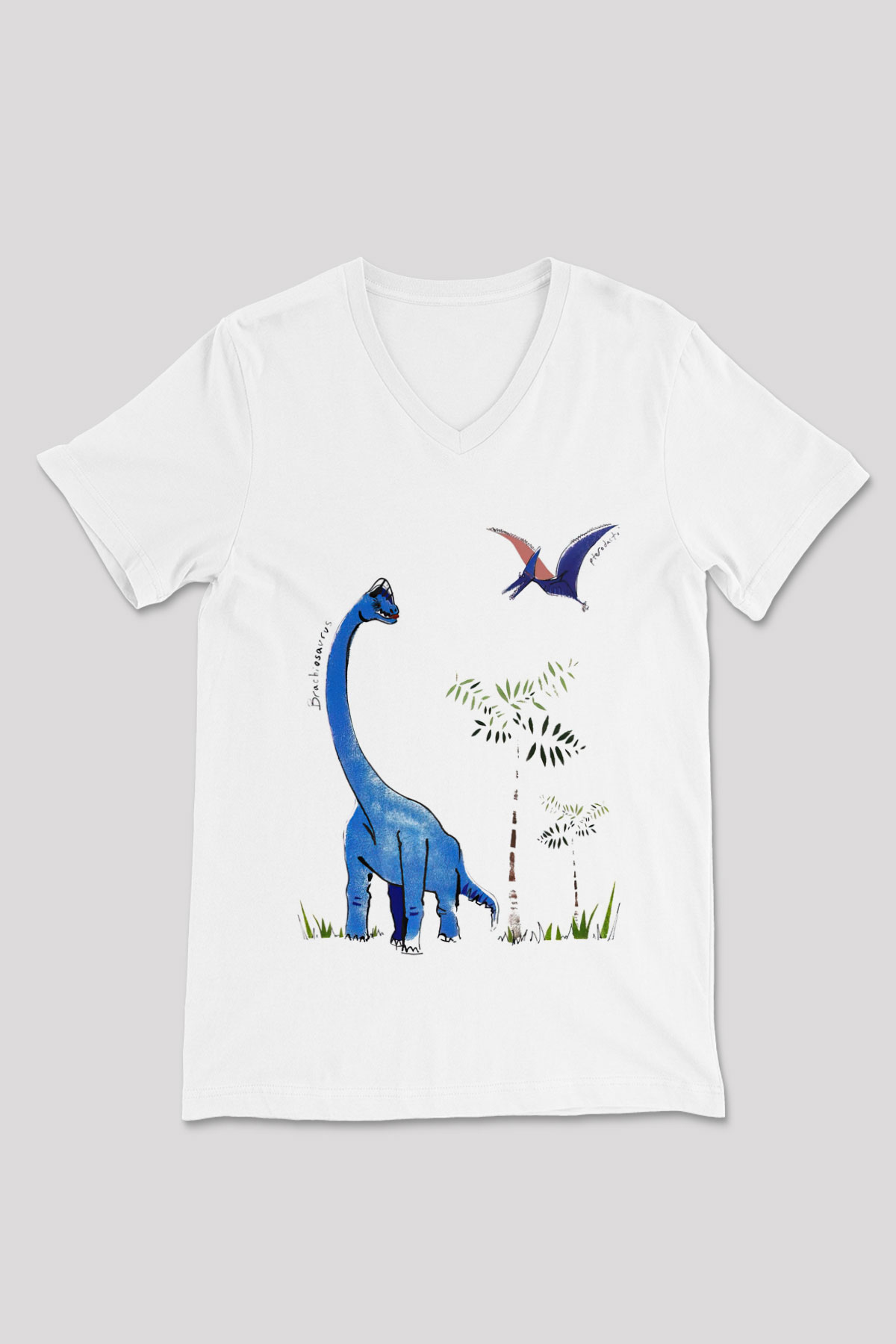 Dinozor Beyaz Unisex V Yaka Tişört T-Shirt