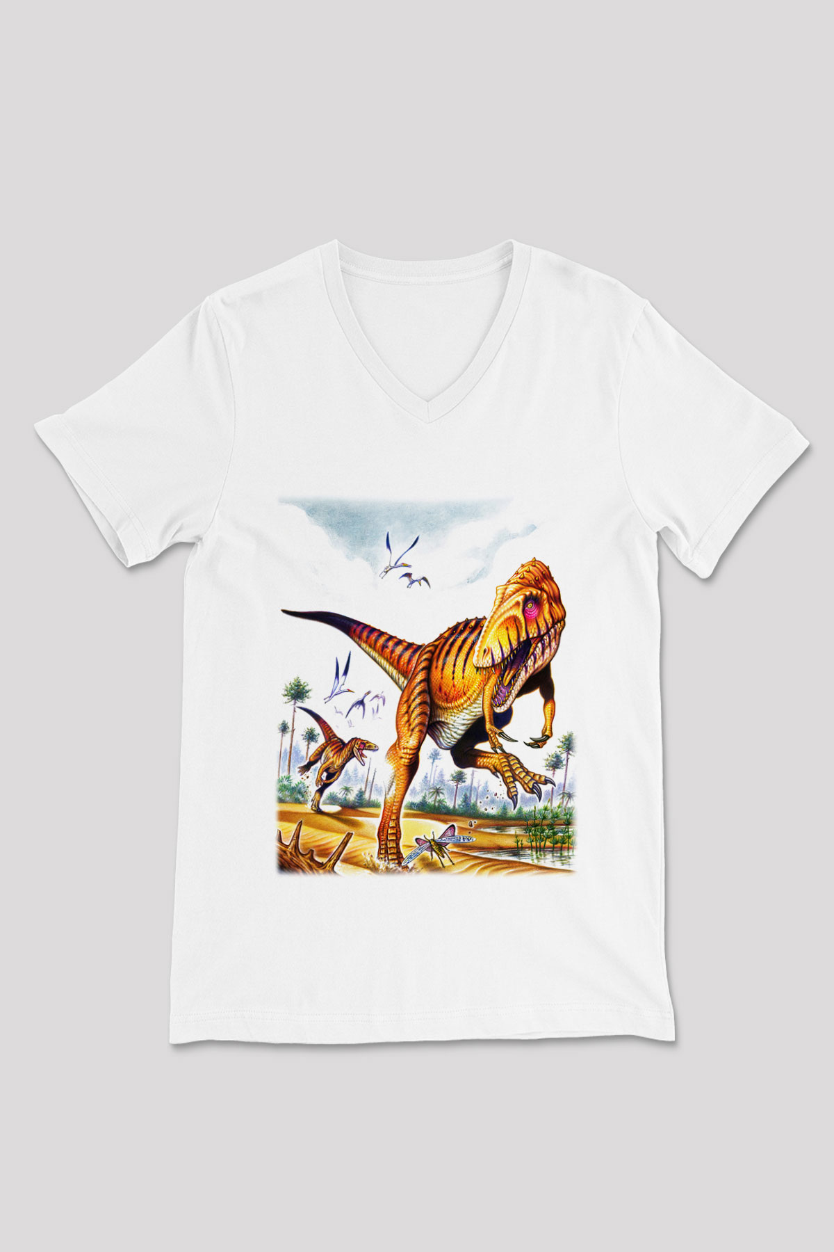 Dinozor Beyaz Unisex V Yaka Tişört T-Shirt