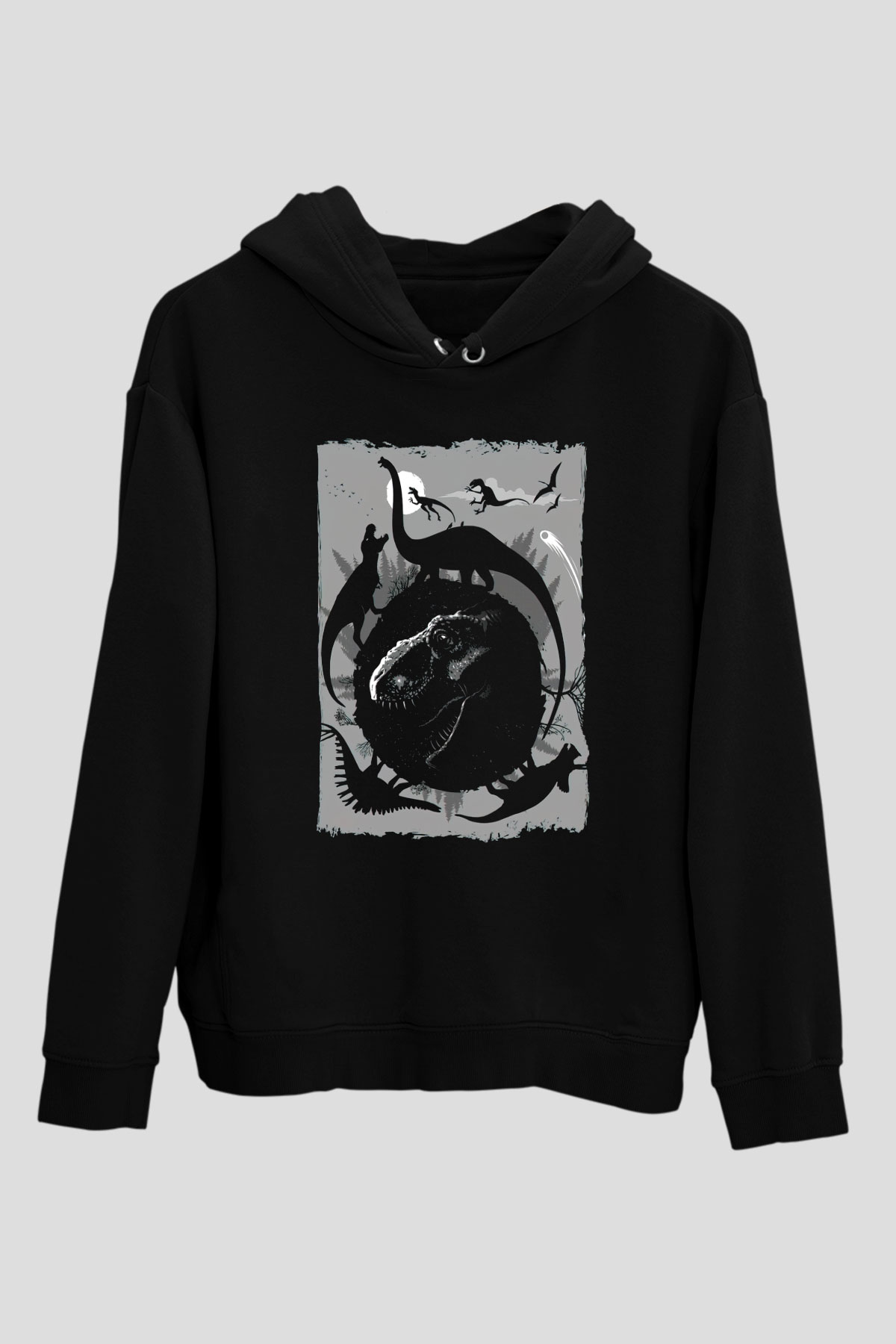 Dinozor Siyah Unisex Kapüşonlu Sweatshirt