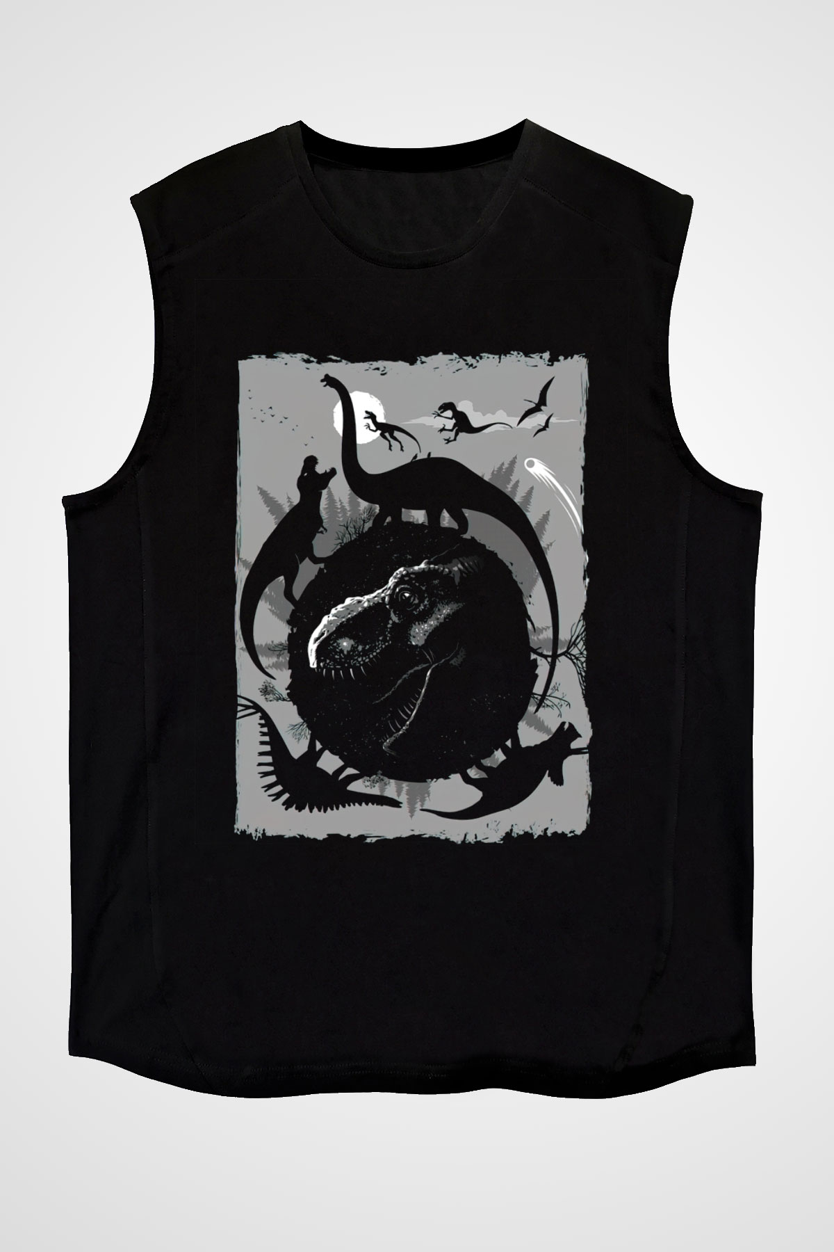 Dinozor Siyah Unisex Kolsuz Tişört
