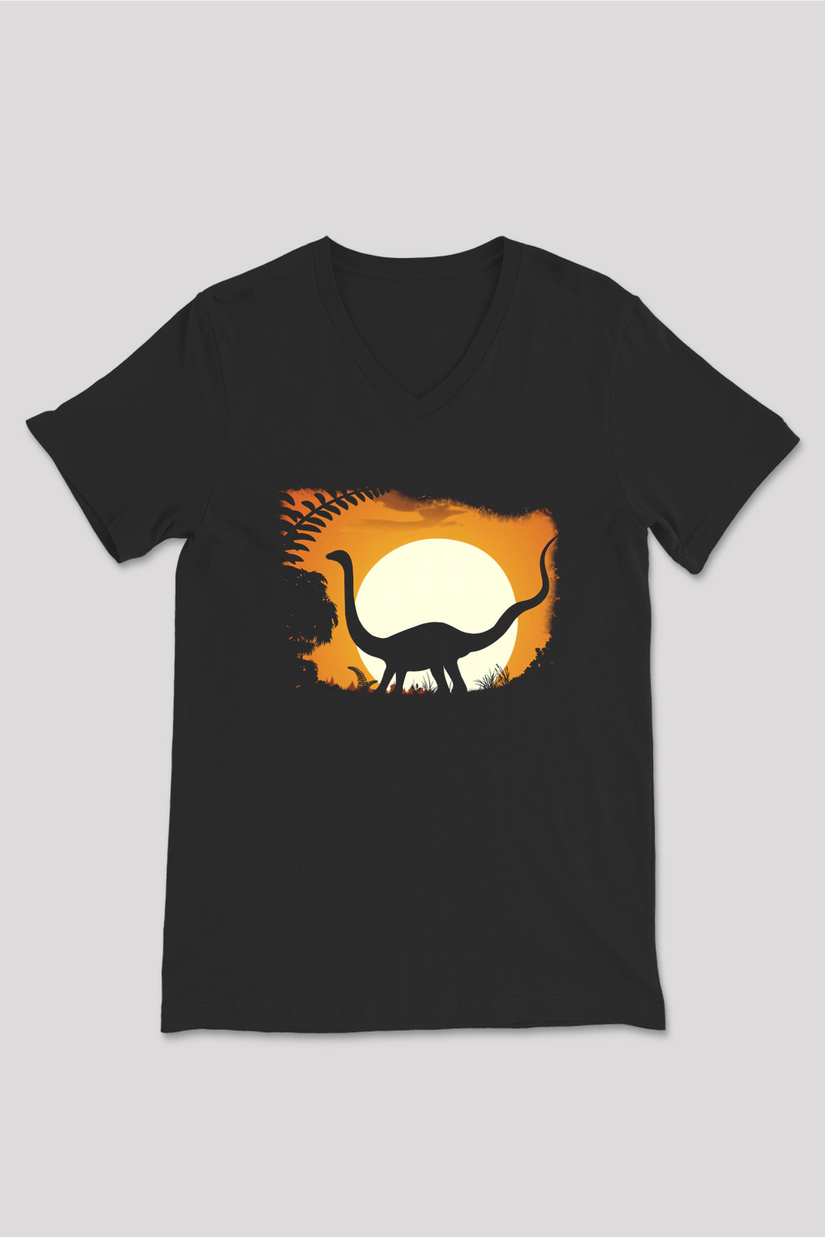 Dinozor Siyah Unisex V Yaka Tişört T-Shirt