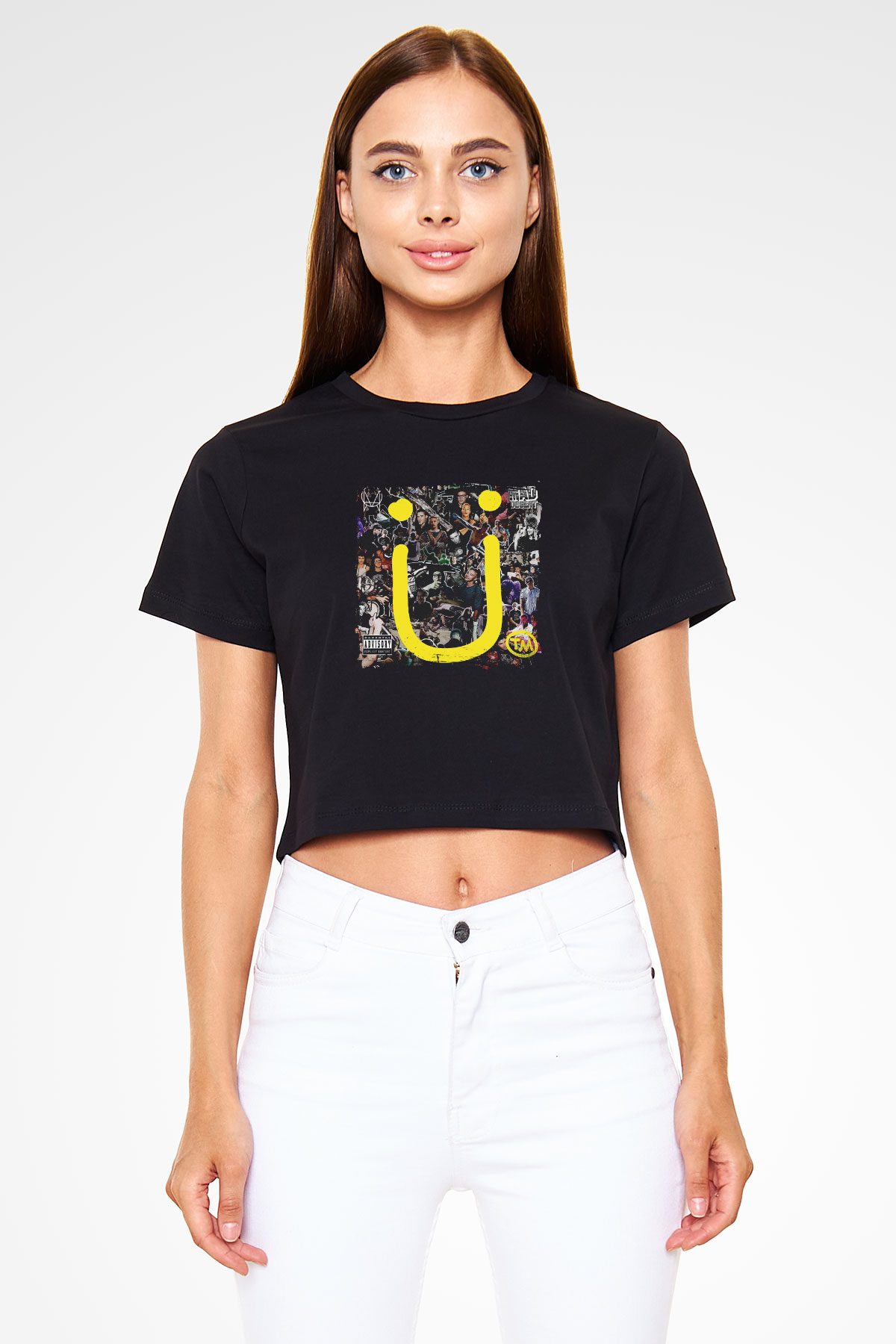 Diplo Baskılı Crop Top Siyah Kadın Tişört