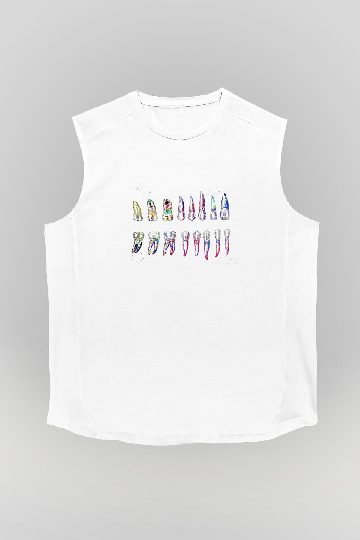 Diş Diyagramı Baskılı Unisex Kolsuz Beyaz Tişört - Tshirt