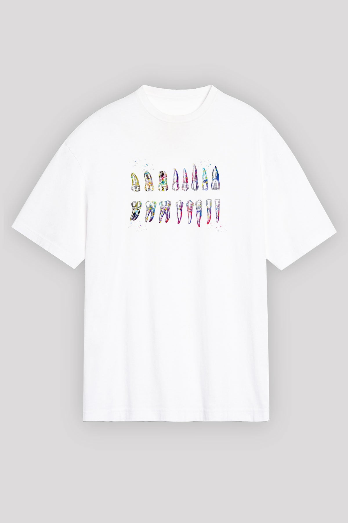 Diş Diyagramı Baskılı Unisex Oversize Beyaz Tişört - Tshirt