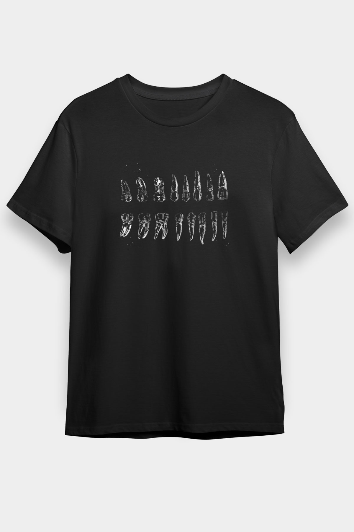 Diş Diyagramı Baskılı Unisex Siyah Tişört - Tshirt