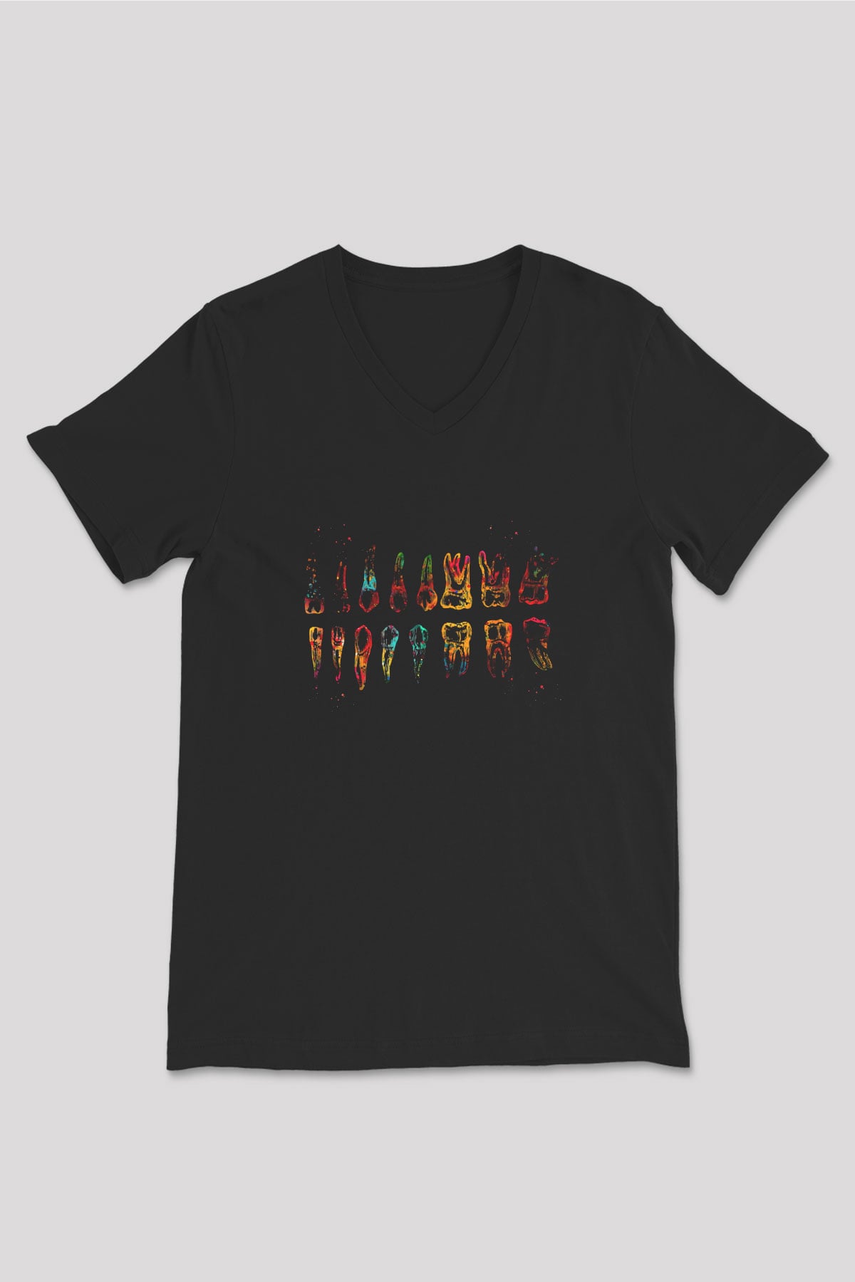 Diş Diyagramı Renkli Baskılı Unisex V Yaka Siyah Tİşört - Tshirt