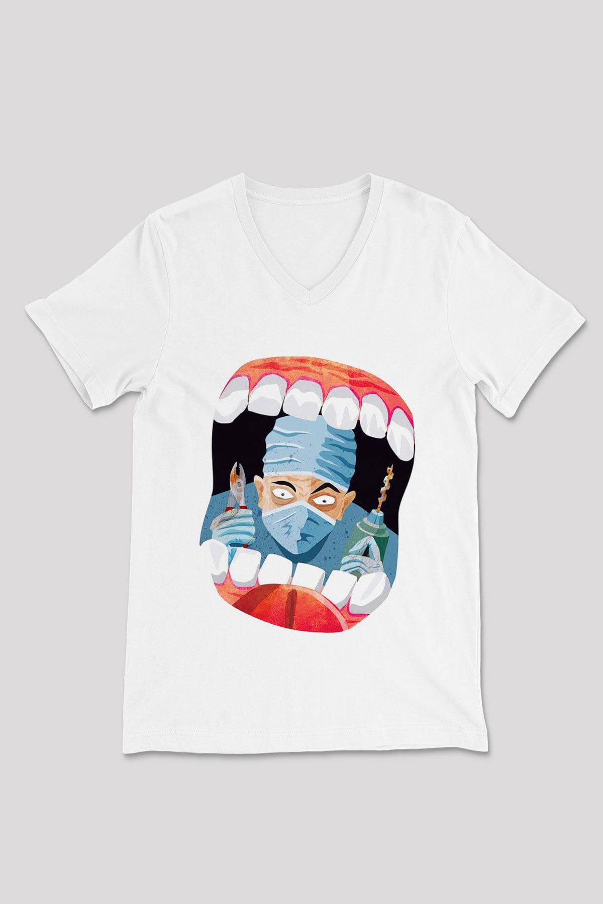 Diş hekimi Beyaz Unisex V Yaka Tişört T-Shirt