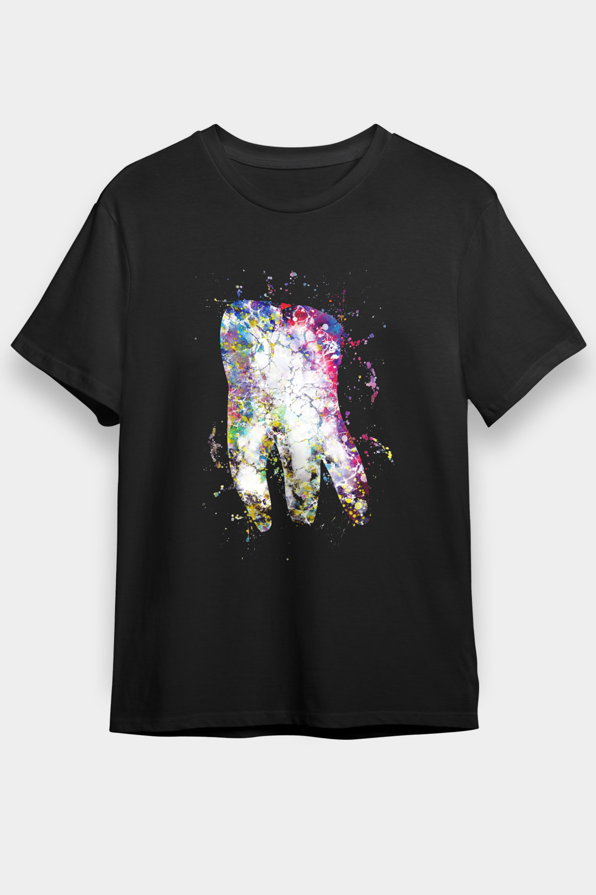 Diş İllustrasyon Baskılı Unisex Siyah Tişört - Tshirt