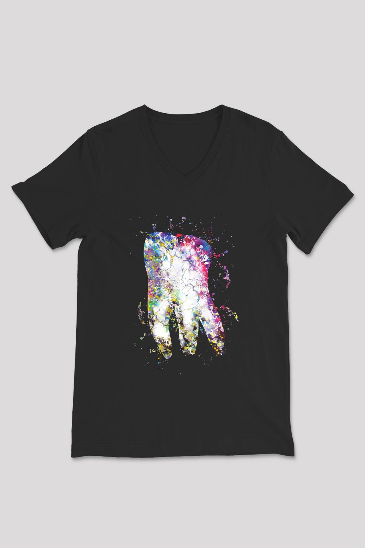Diş İllustrasyon Baskılı Unisex V Yaka Siyah Tİşört - Tshirt