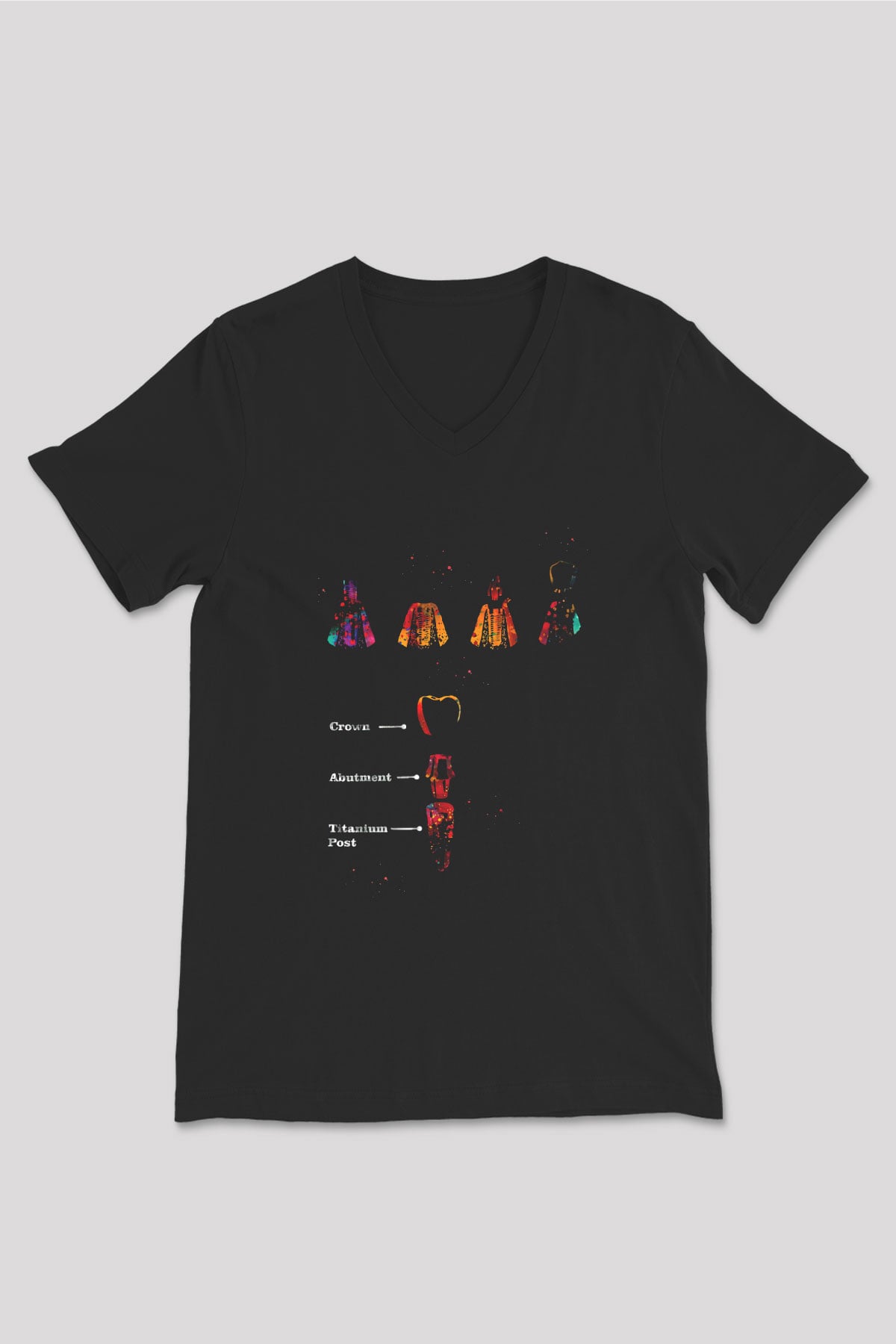 Diş İmplantları Baskılı Unisex V Yaka Siyah Tİşört - Tshirt