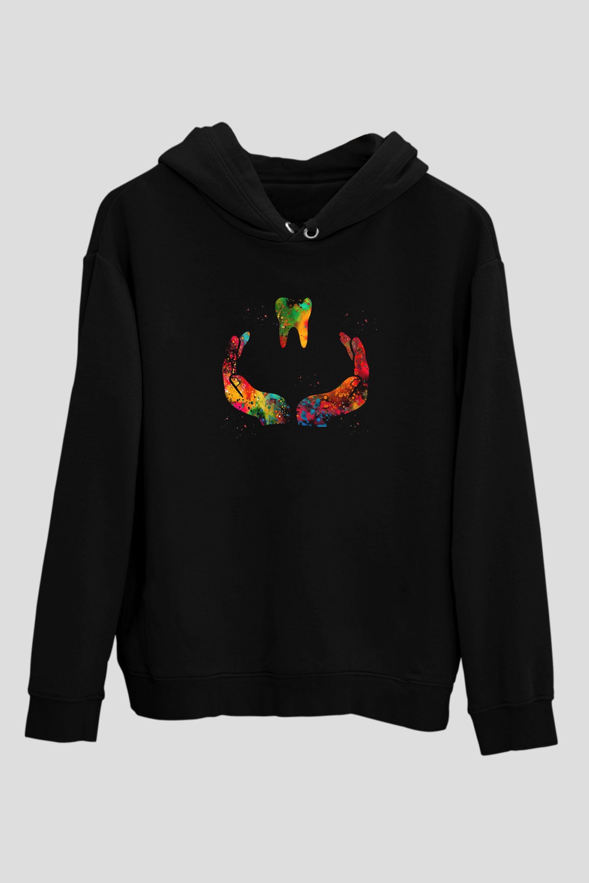 Diş Renkli Baskılı Unisex Siyah Hoodie