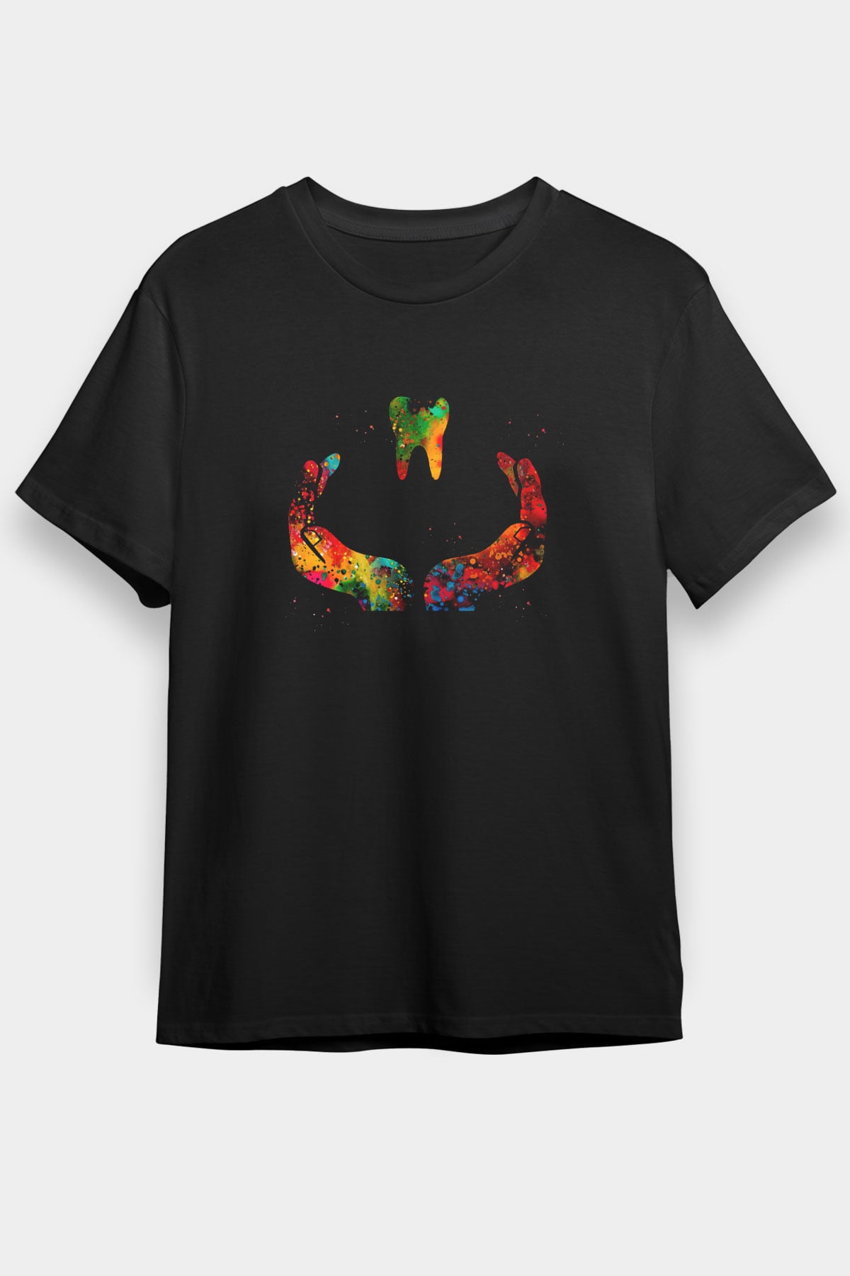 Diş Renkli Baskılı Unisex Siyah Tişört - Tshirt