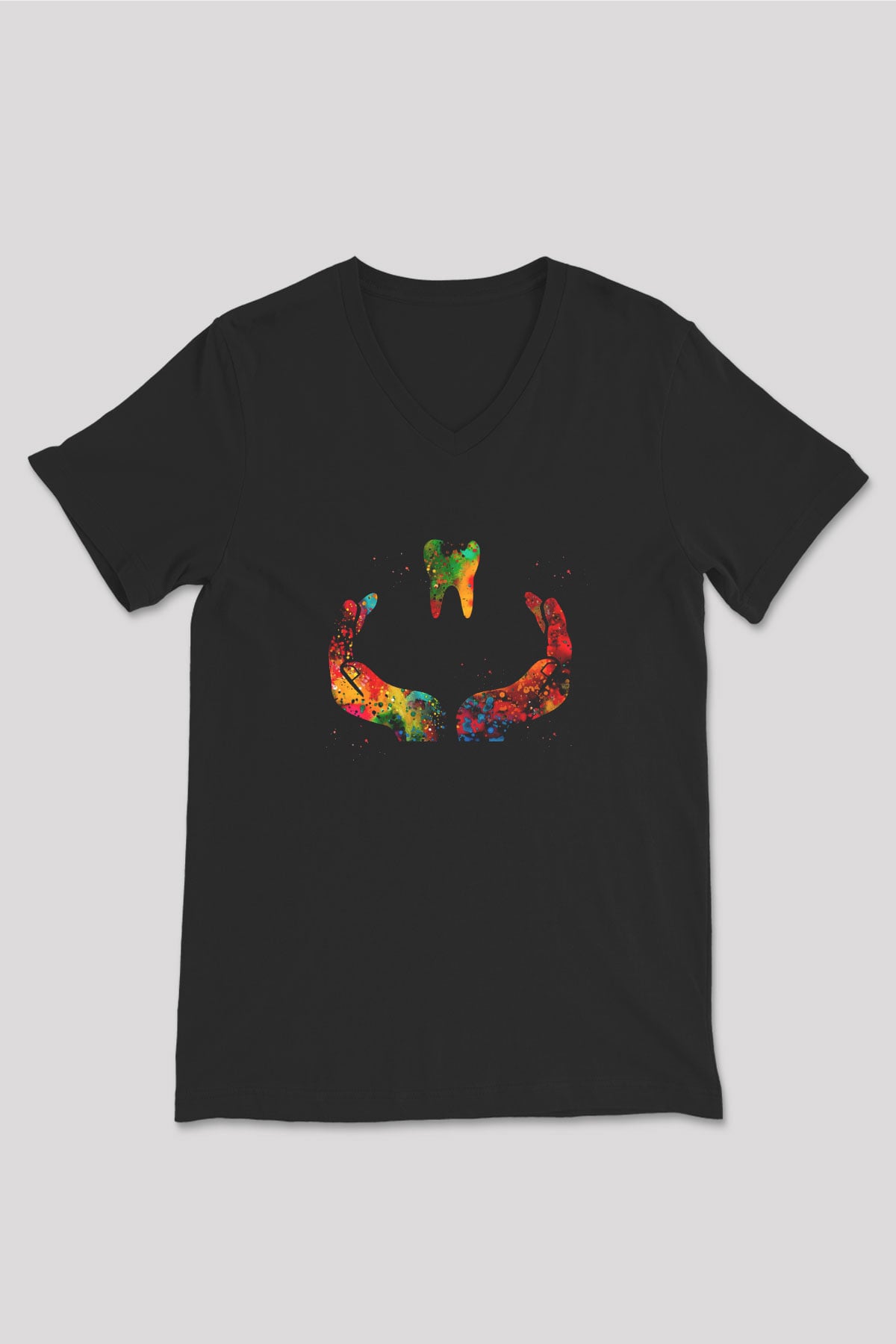 Diş Renkli Baskılı Unisex V Yaka Siyah Tİşört - Tshirt