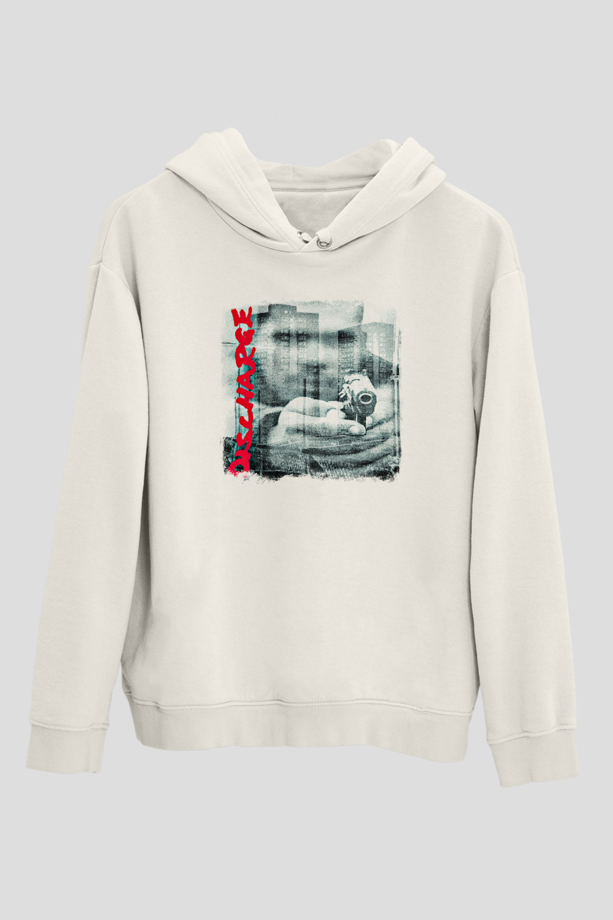 Discharge Baskılı Unisex Beyaz Hoodie