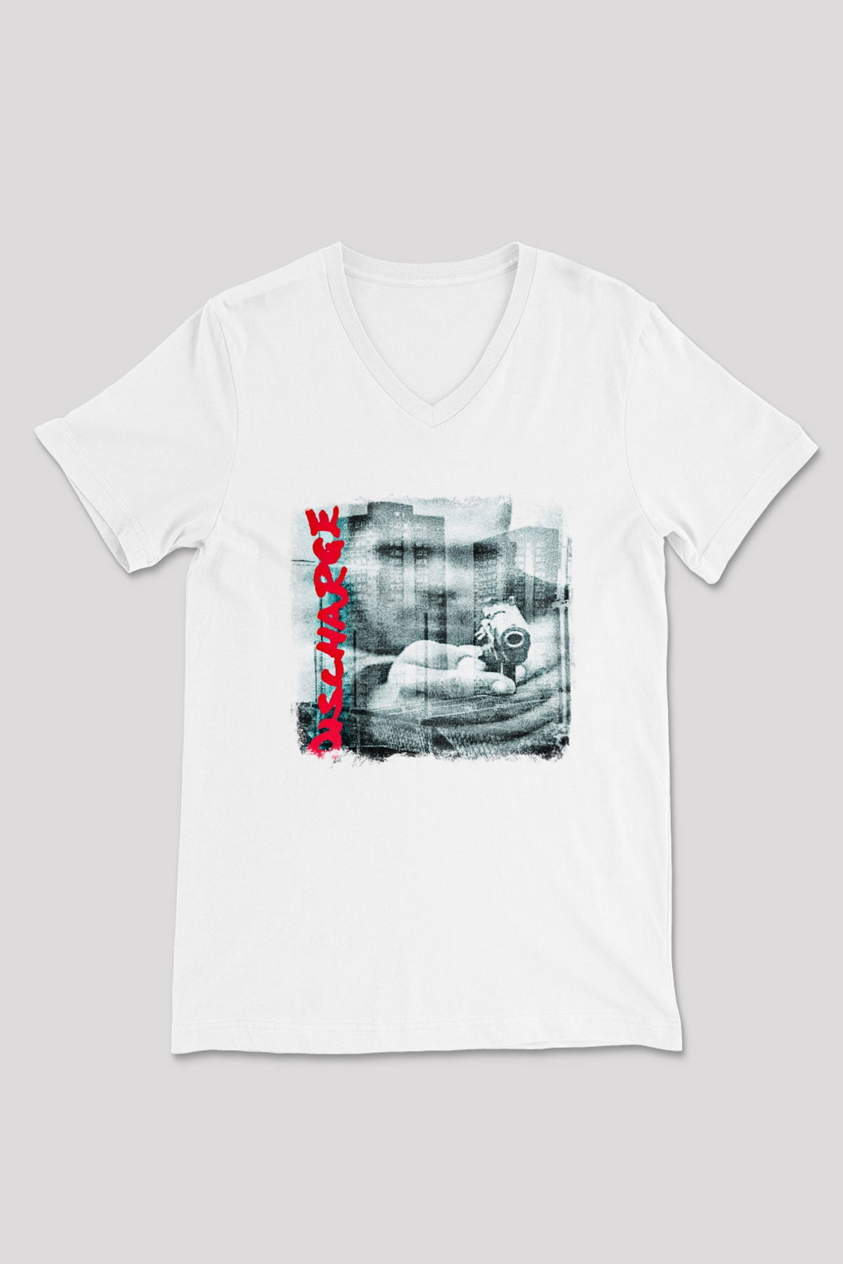 Discharge Baskılı Unisex Beyaz V Yaka Tişört