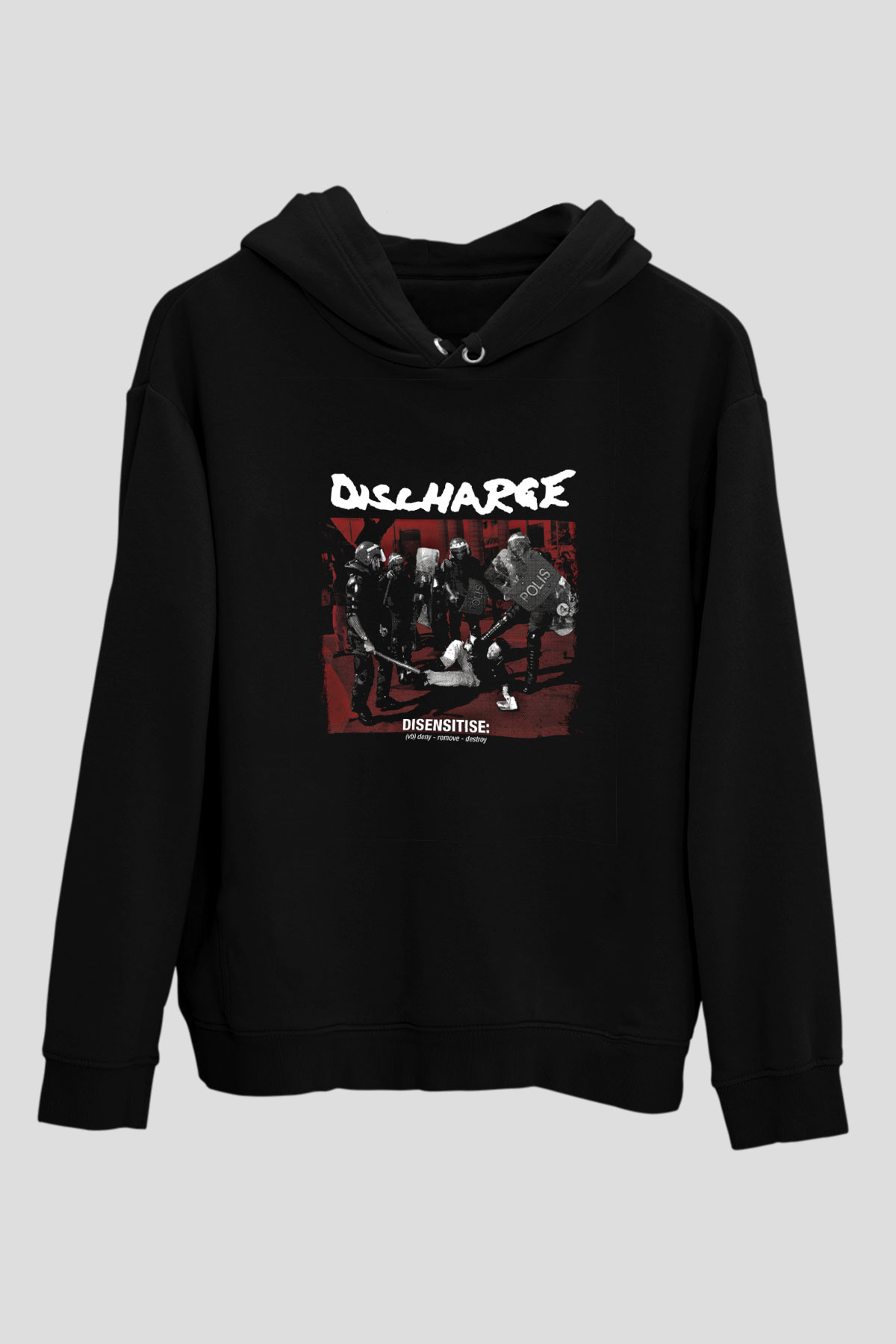 Discharge Baskılı Unisex Siyah Hoodie