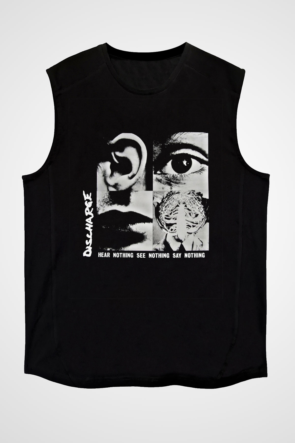 Discharge Baskılı Unisex Siyah Kolsuz Tişört