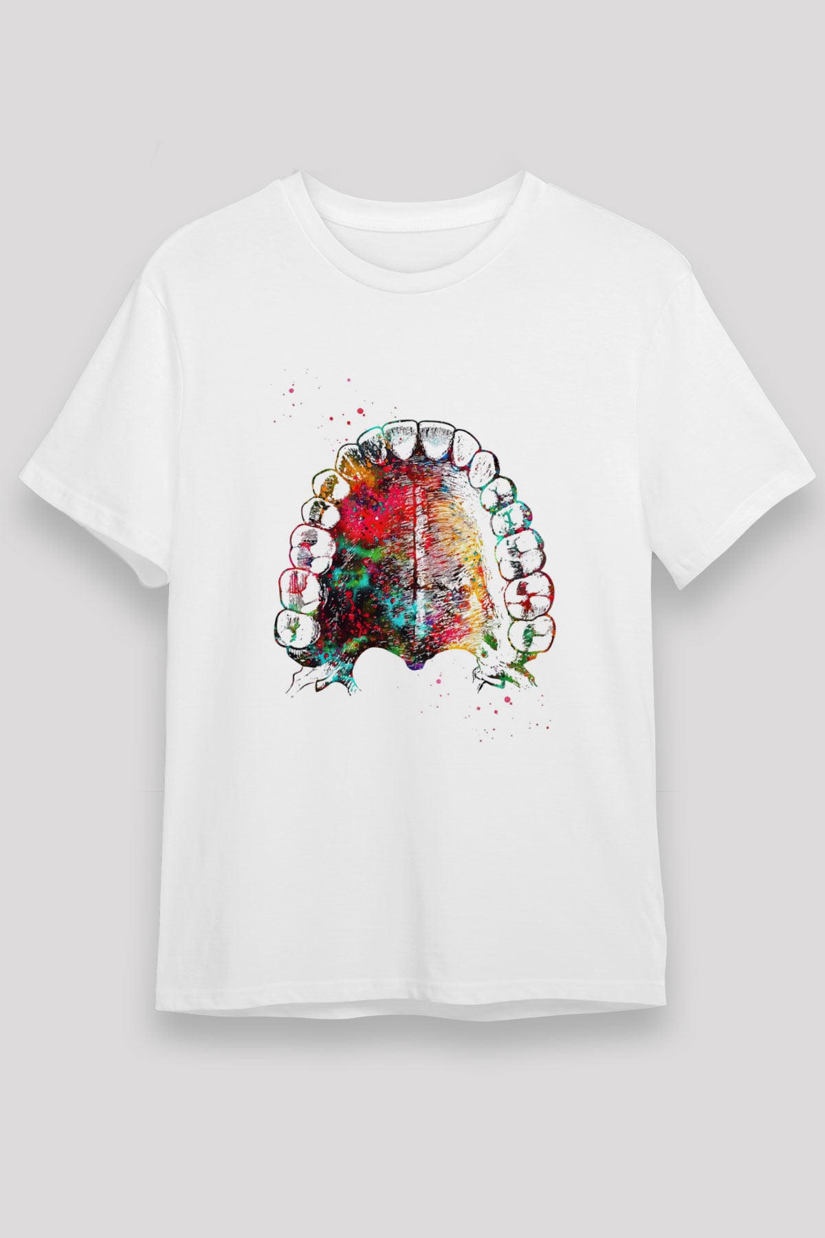 Dişler Renkli Baskılı Unisex Beyaz Tişört - Tshirt