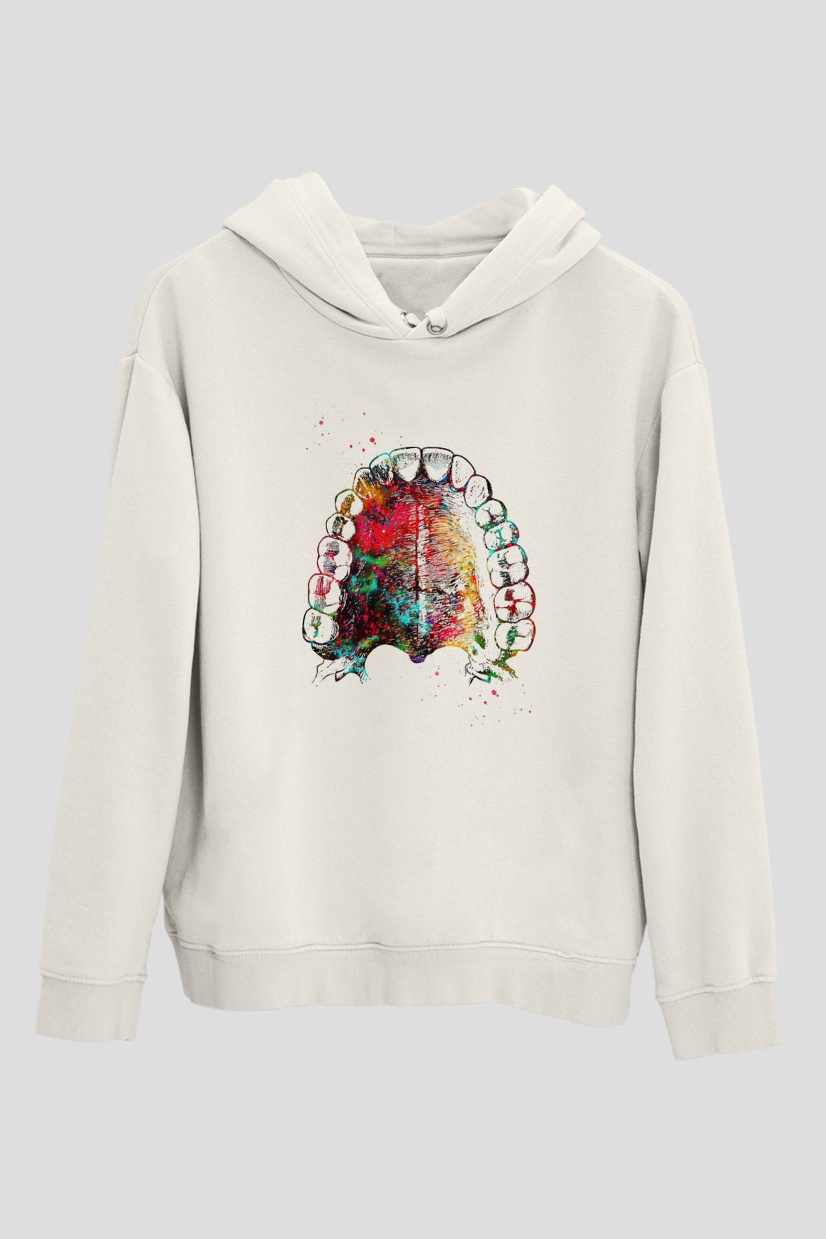 Dişler Renkli Baskılı Unisex Ekru Hoodie
