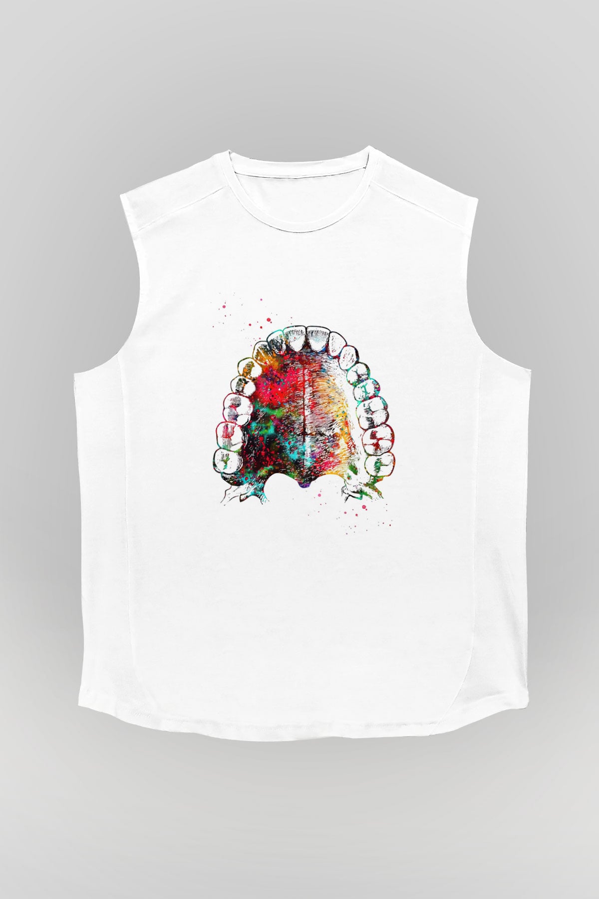 Dişler Renkli Baskılı Unisex Kolsuz Beyaz Tişört - Tshirt