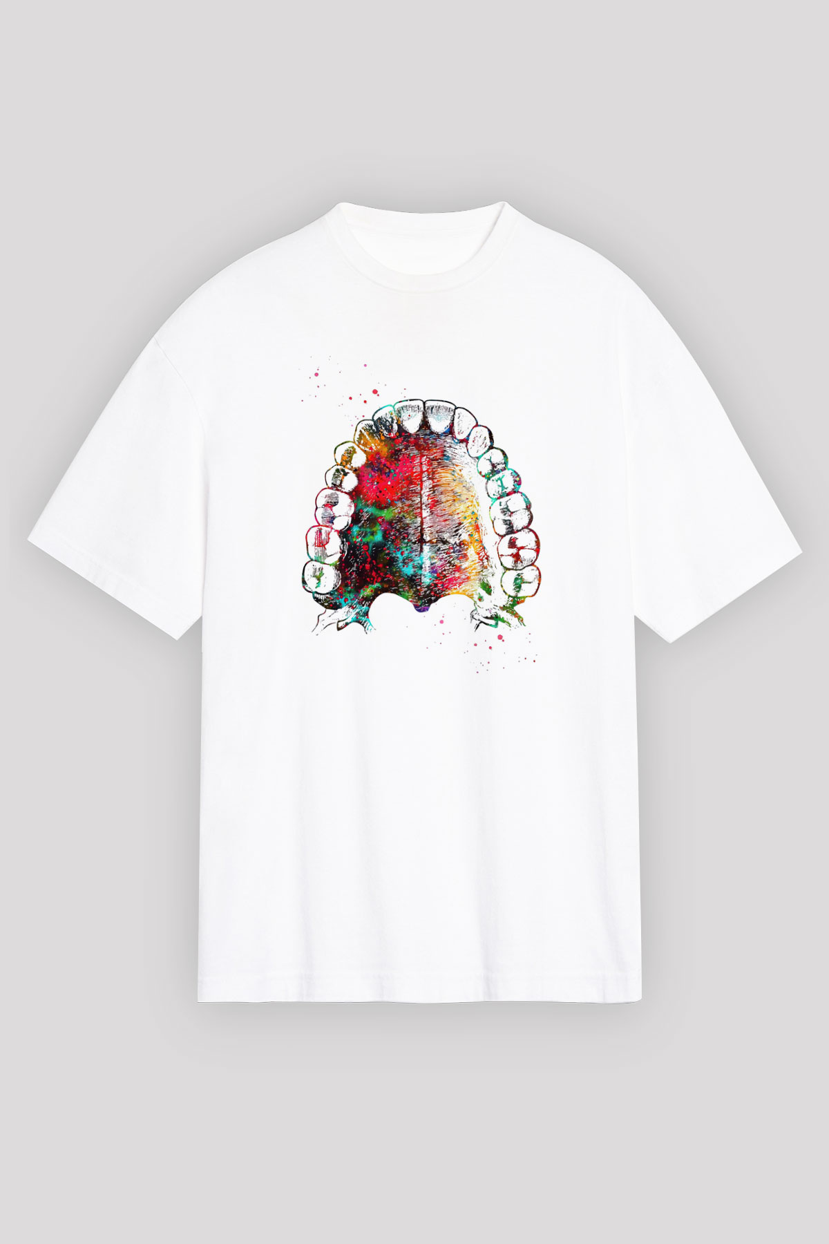 Dişler Renkli Baskılı Unisex Oversize Beyaz Tişört - Tshirt